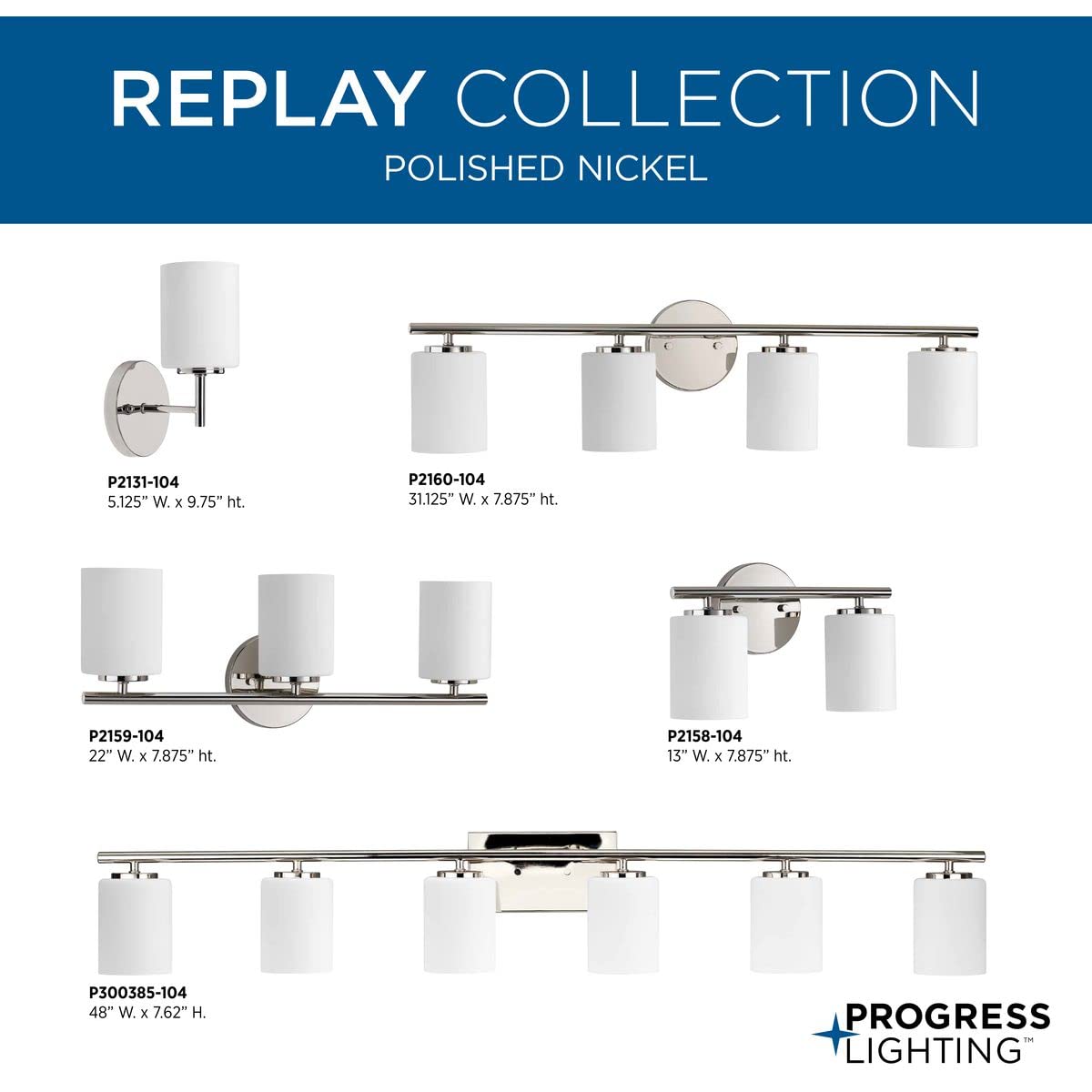 Progress Lighting P300385-104 Replay Collection 48 In. 6-Light Polished Nickel Etched White Glass Modern Bath Vanity Light