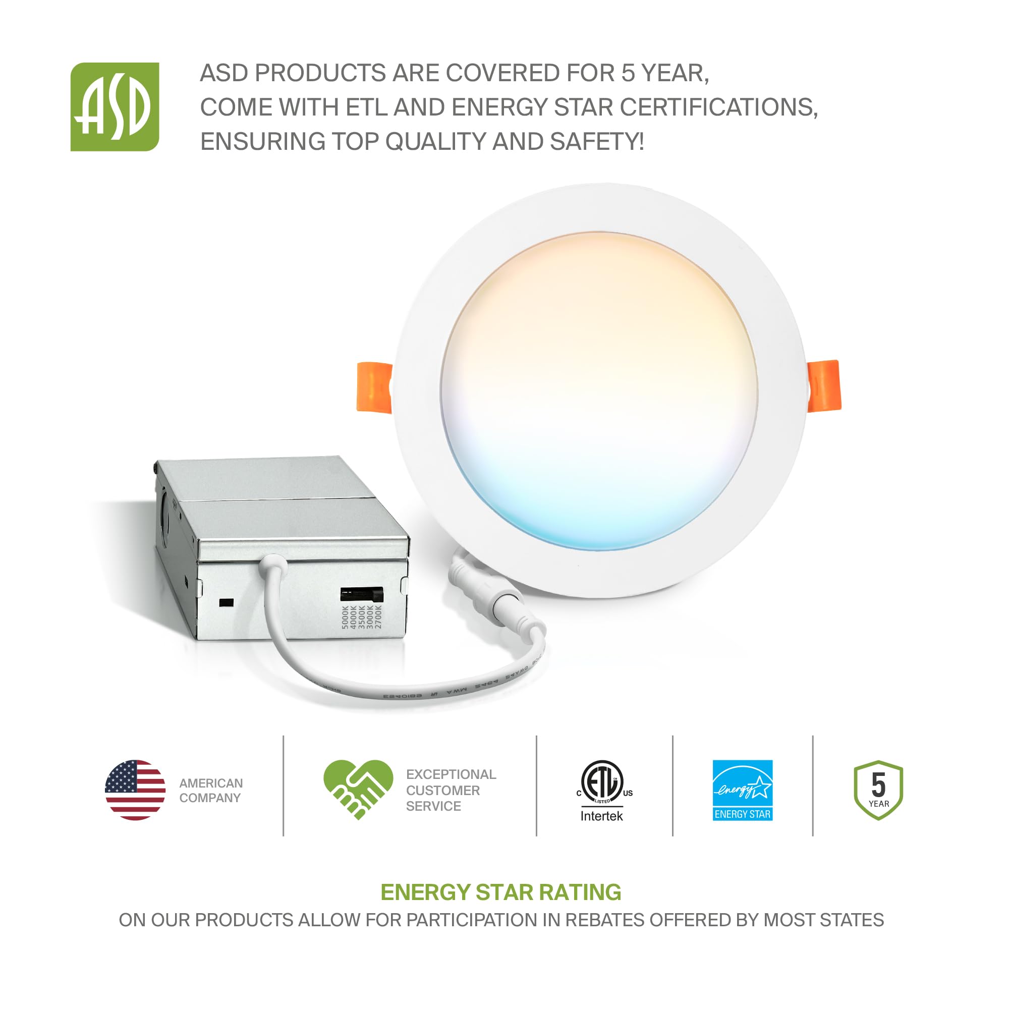 Asd 6 Pack Led Recessed Lighting 6 Inch 12W  5 Cct 2700K-5000K Cri90+  Ic Rated Ultra Thin Dimmable Ceiling Lights With J Box  Canless Wafer Downlight  Round Slim Panel Light  Energy Star Etl  White