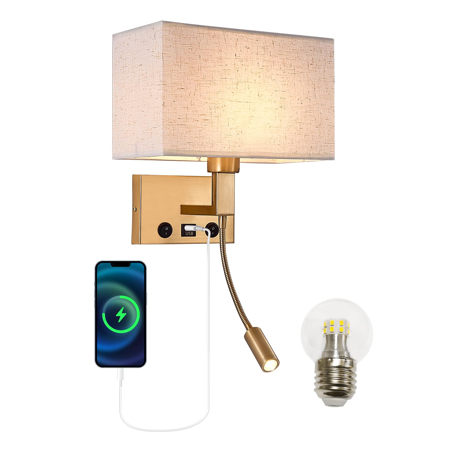 Moon rural Bedroom Wall Sconces, Hardwired Wall Lamp with USB and Reading Lamp Fabric Shade Bedside Wall Lights with Reading Lam