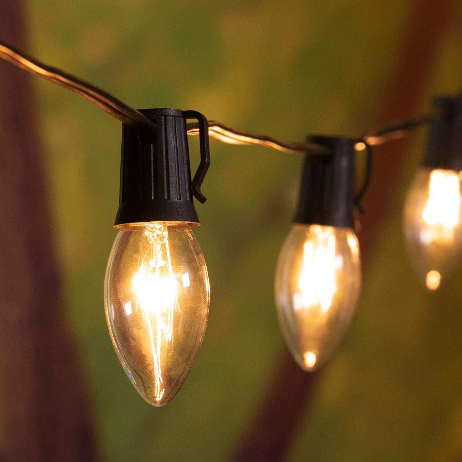 Minetom C9 String Lights, 50FT 50 Bulbs, Clear Bulb Black Wire, Model GYPI-O507BU, Long Life Outdoor Christmas Lights