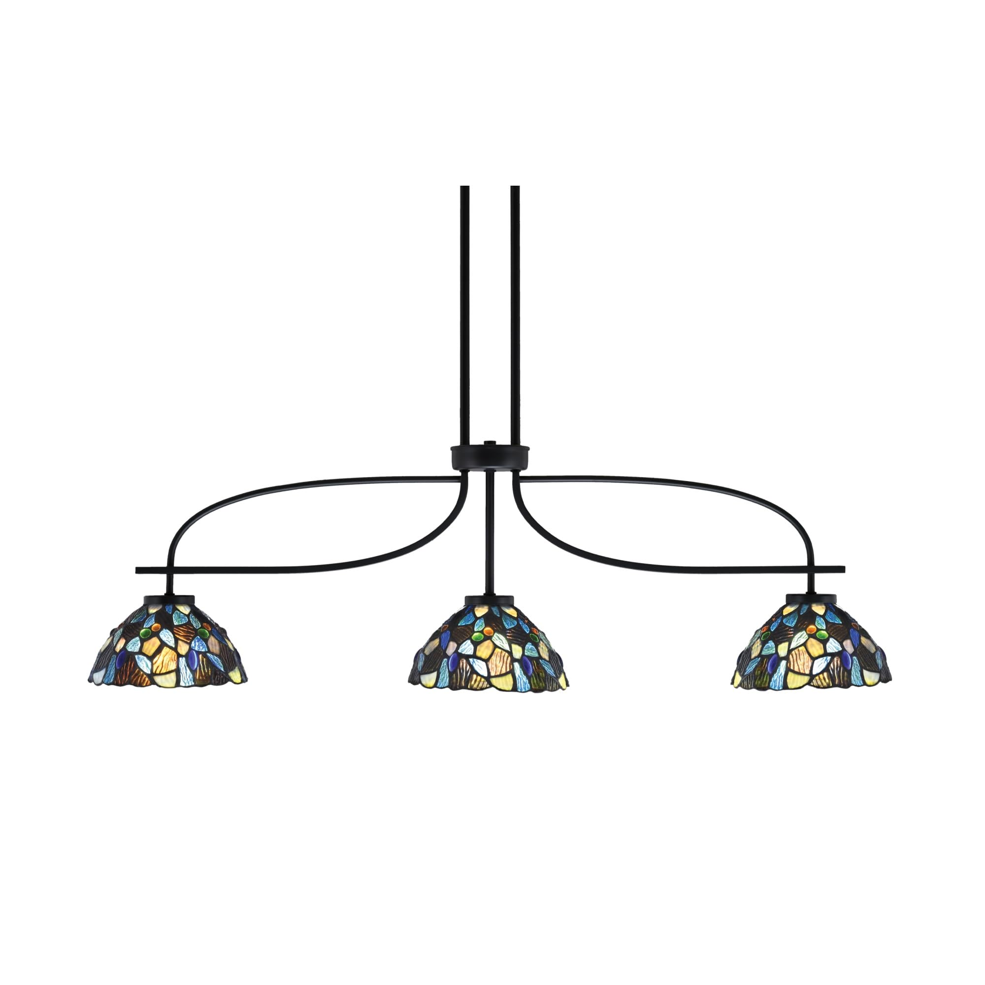 Cavella 3 Light Island Light Shown in Matte Black Finish with 7&quot; Blue Mosaic Art Glass