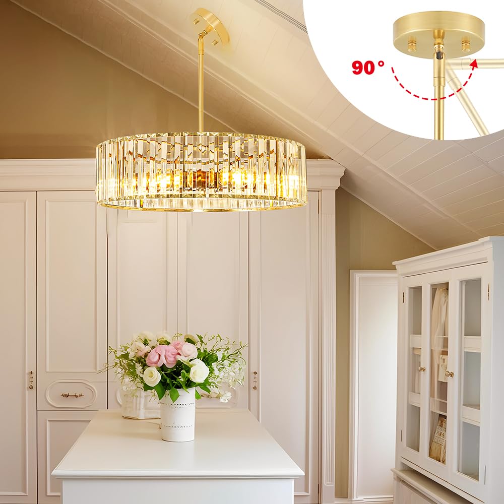 Gold Crystal Chandelier For Dining Room  6-Light Modern Semi Flush Mount Ceiling Lighting Fixtures  Round Kitchen Fixtures Ceiling  Hanging Drum Pendant Lights For Living Room Bedroom Foyer  19In  E26
