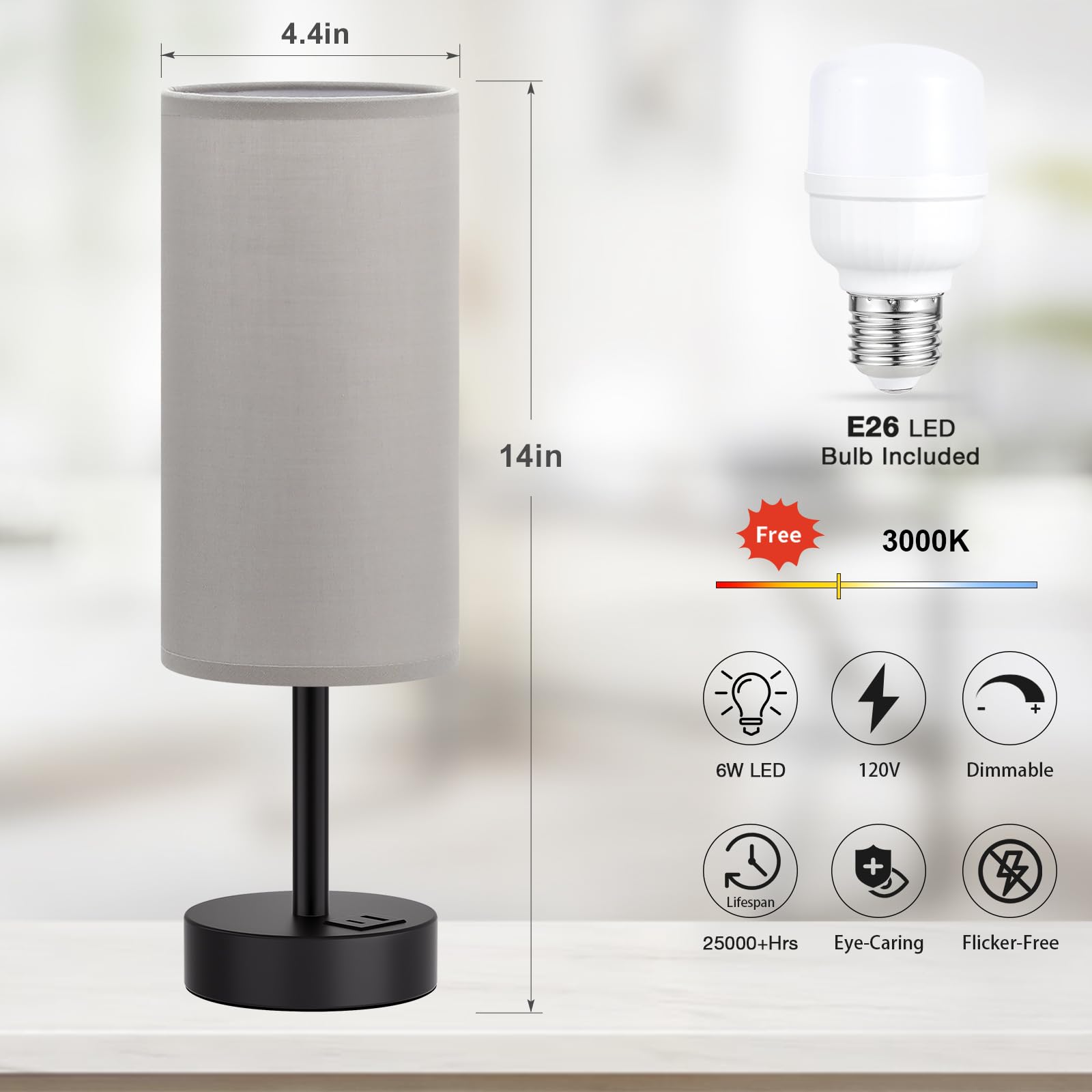 Grey Touch Bedside Lamp With Usb - 3 Way Dimmable Table Lamp For Bedroom, Nightstand Lamp With Black Charging Station For Desk D