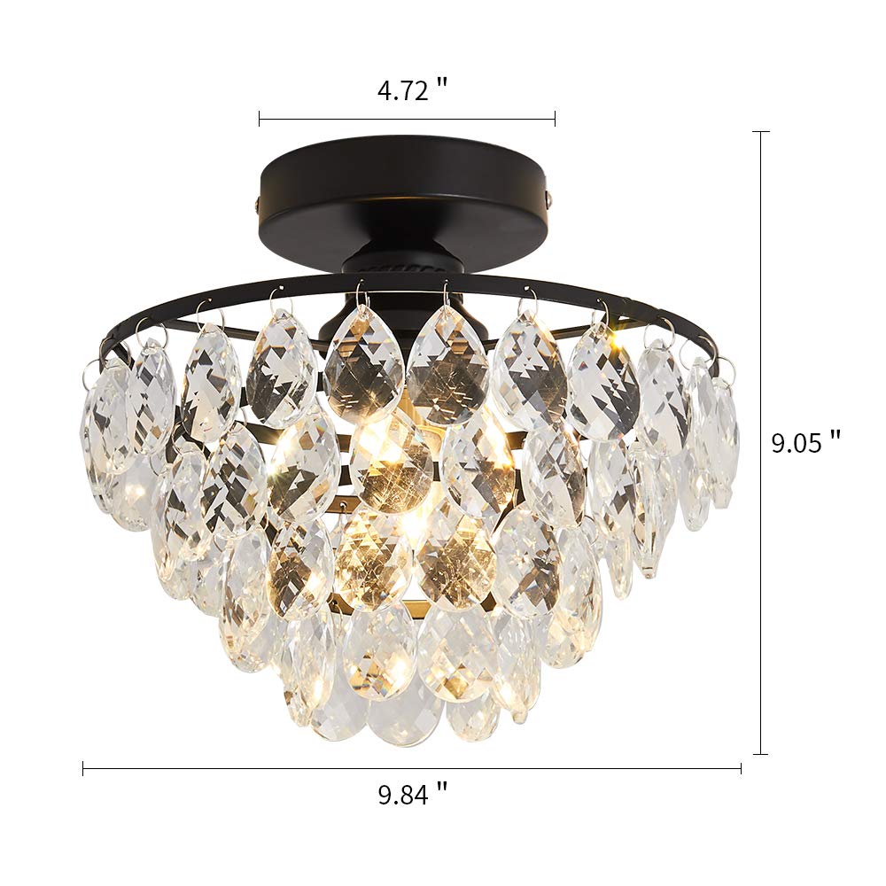 Yyjlx Modern Small Crystal Ceiling Light Fixture Mini Black Semi Flush Mount Chandelier Light Fixture For Hallway Bedroom Bathro