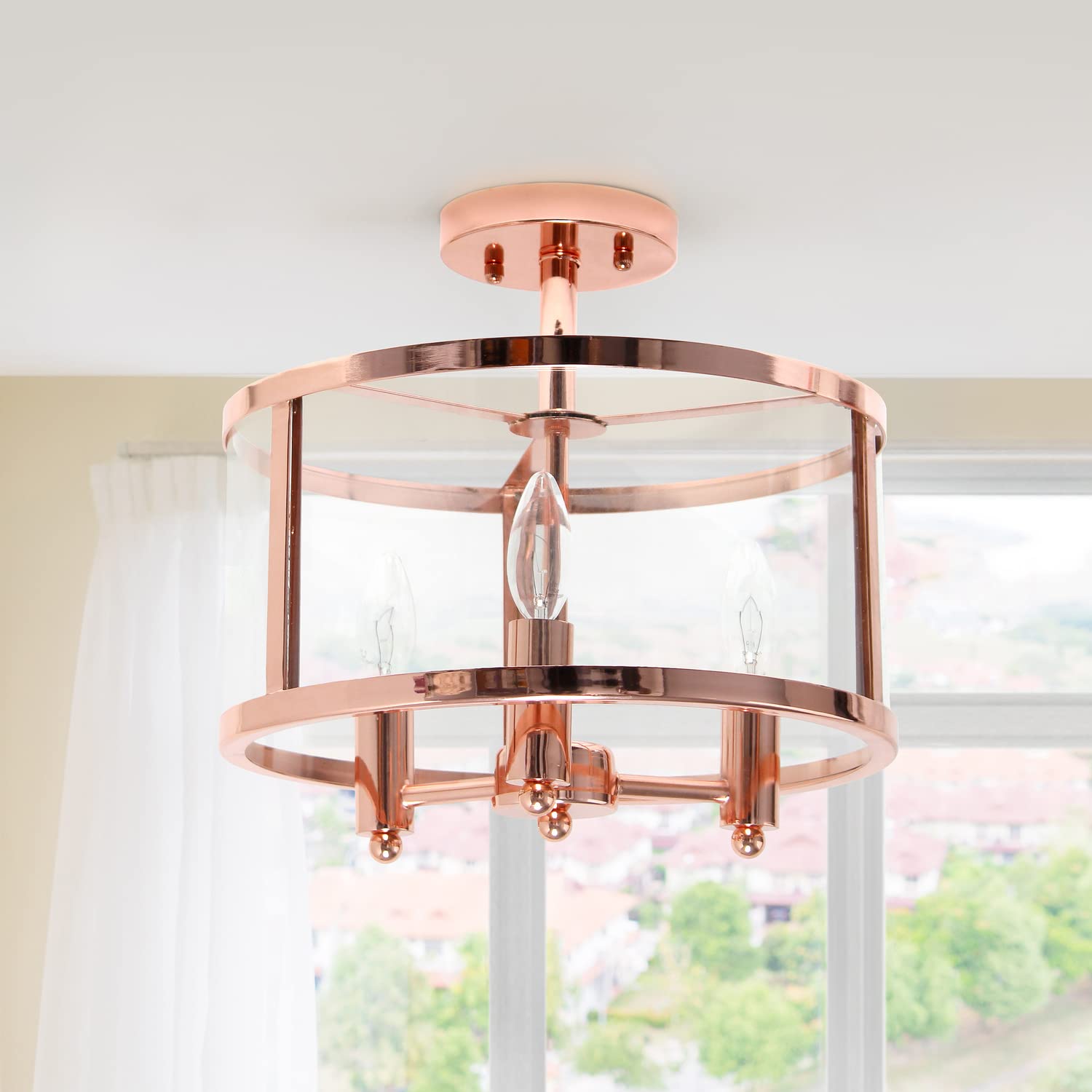 Elegant Designs FM1005-RGD 3-Light Semi-flushmount Ceiling Light, 13in Iron and Glass, Rose Gold, Traditional Farmhouse Style