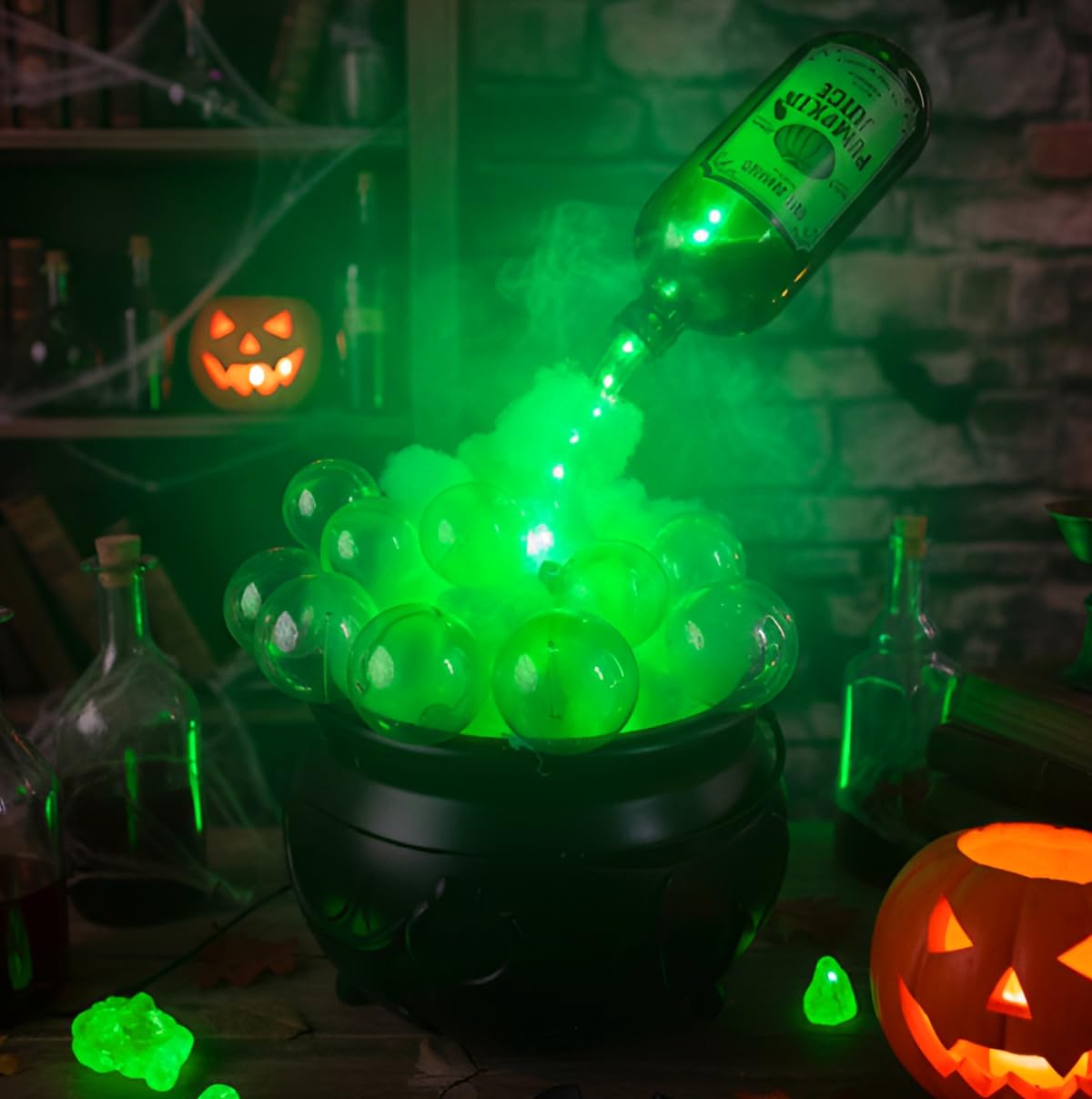 JEGERMIG LED Color Changing Cauldron Light with Floating Potion Bottles - Spooky Home Decoration - Black