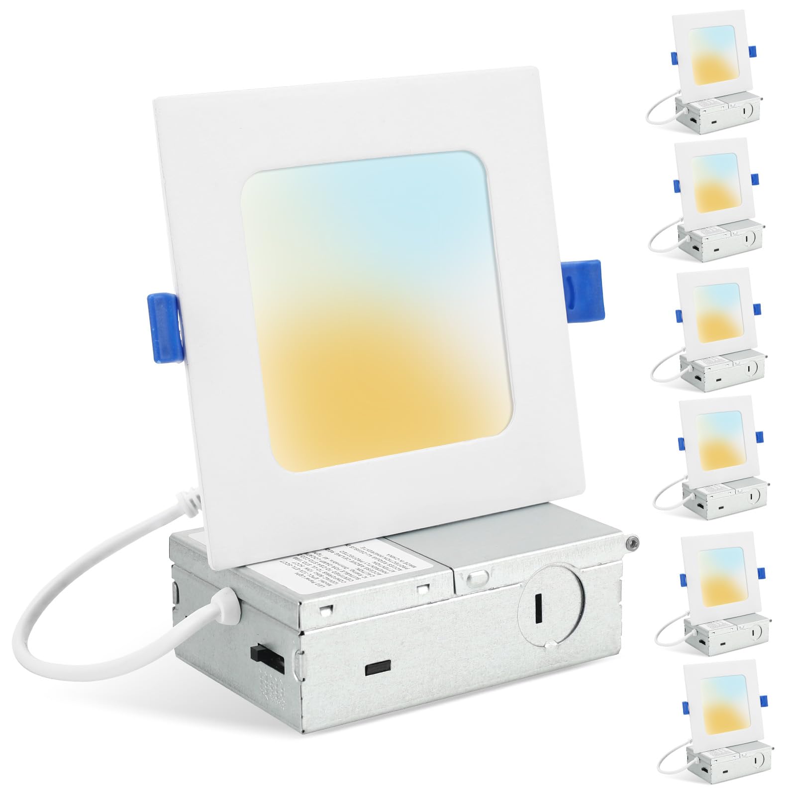HONZIN 6 Pack 6 Inch Square Recessed Lighting, 5CCT Ultra Thin Square Recessed LED Downlight with Junction Box, 2700K/3000K/3500