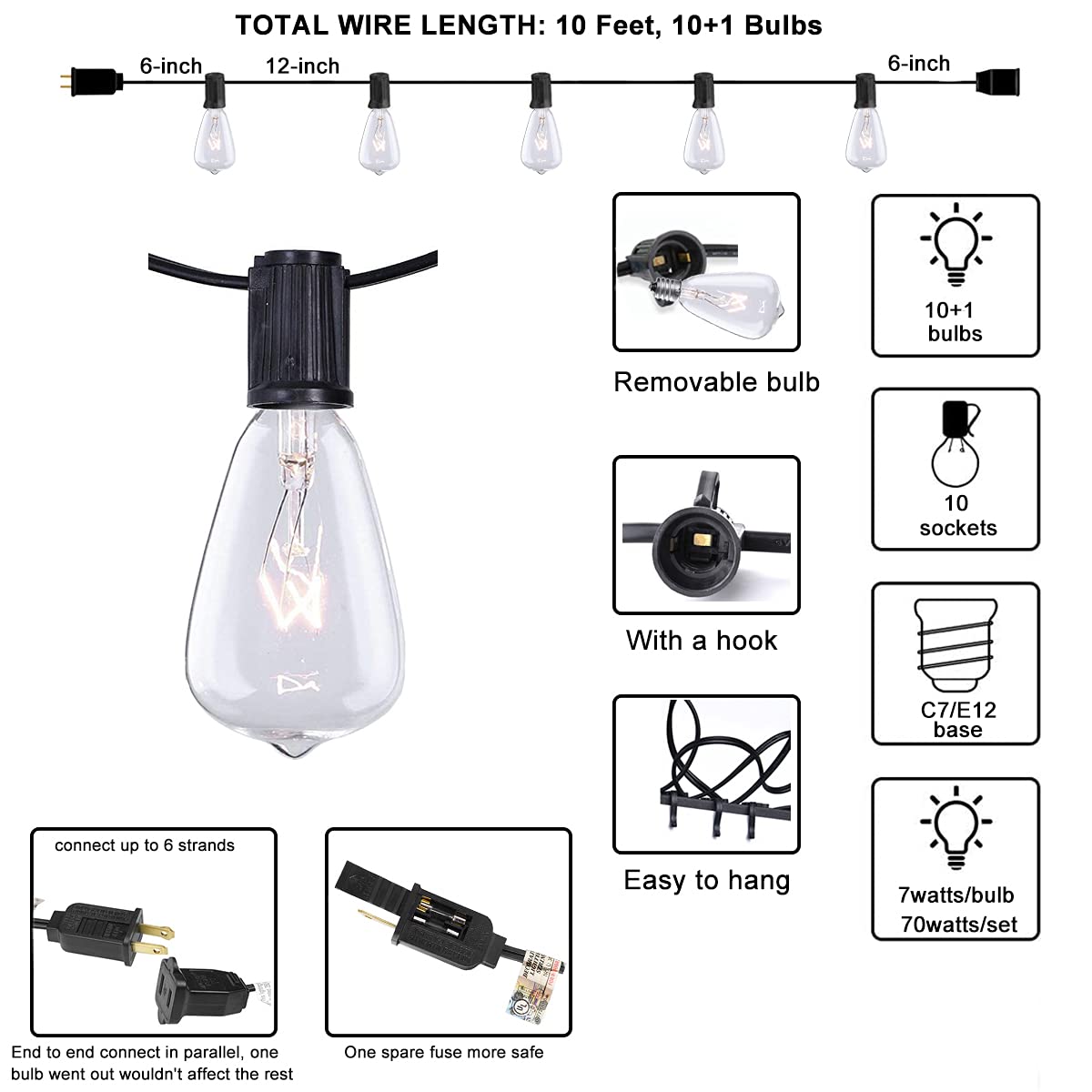 Abeja ST38 String Lights with 10 Vintage Bulbs, E12 Socket, UL Listed, 10Ft, Black