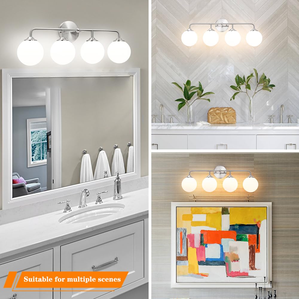 Modern 4-Lights Brushed Nickel Vanity Lights Over Mirror  Bathroom Lighting Fixtures With Milk White Globe Glass Shade  Industrial Bathroom Wall Sconce For Dressing Table Bedroom Living Room