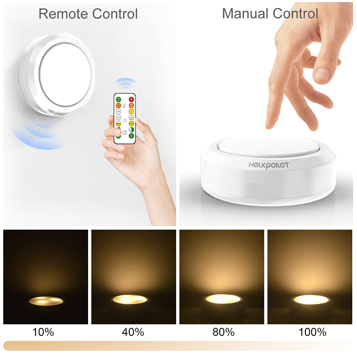 HOLKPOILOT Puck Lights, Remote Control, Battery Operated, 4 Pack, Wireless Stick On Lights, White