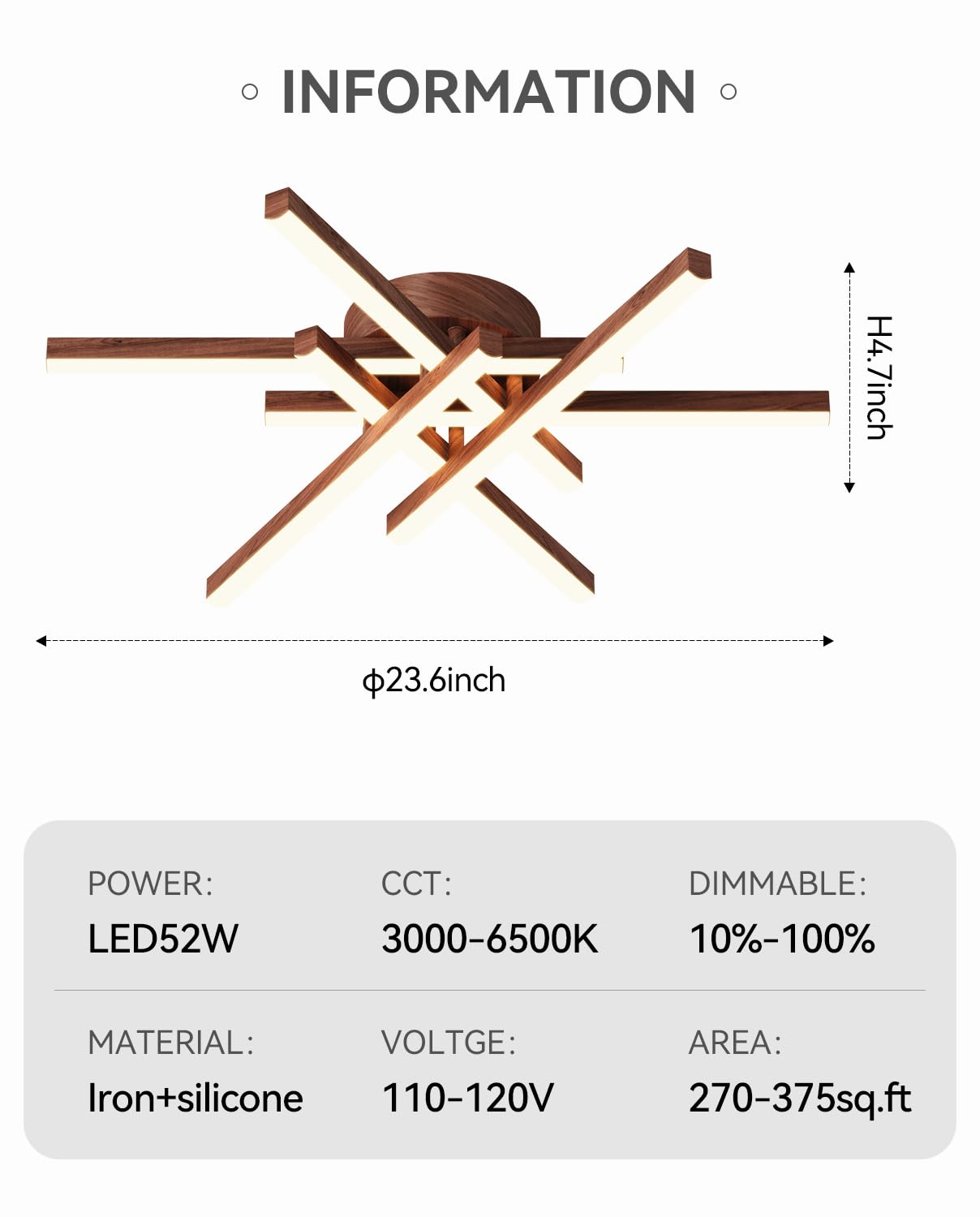 JFHTNFJ Modern Sputnik Ceiling Light Fixture LED Dimmable Remote Control Chandelier 6-Light Wood Color K04