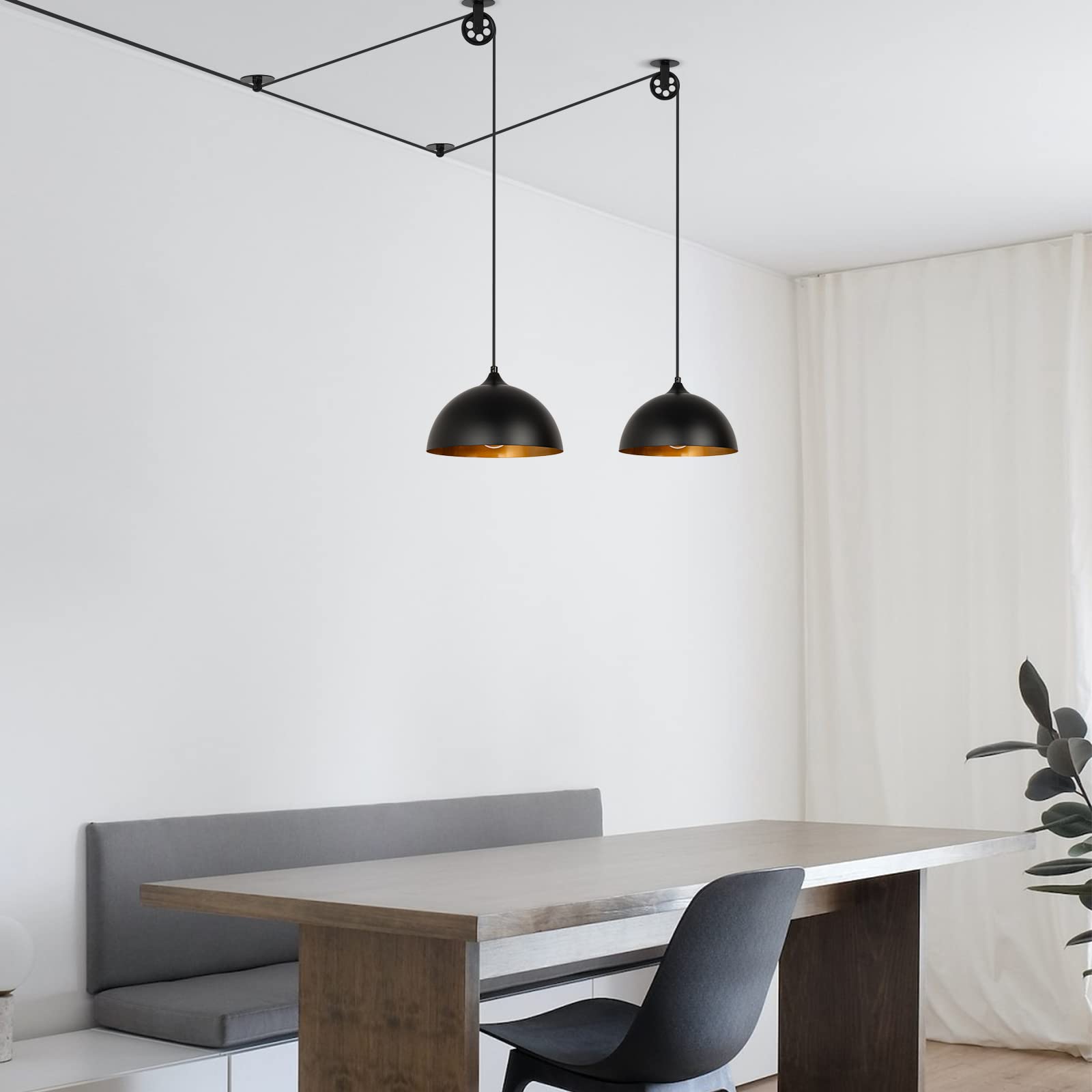 Kighsin Modern Plug In Pulley Black And Brass Domed Pendant Light With 19.4Ft Cord On/Off Switch, Retro Metal Barn Hanging Ceili