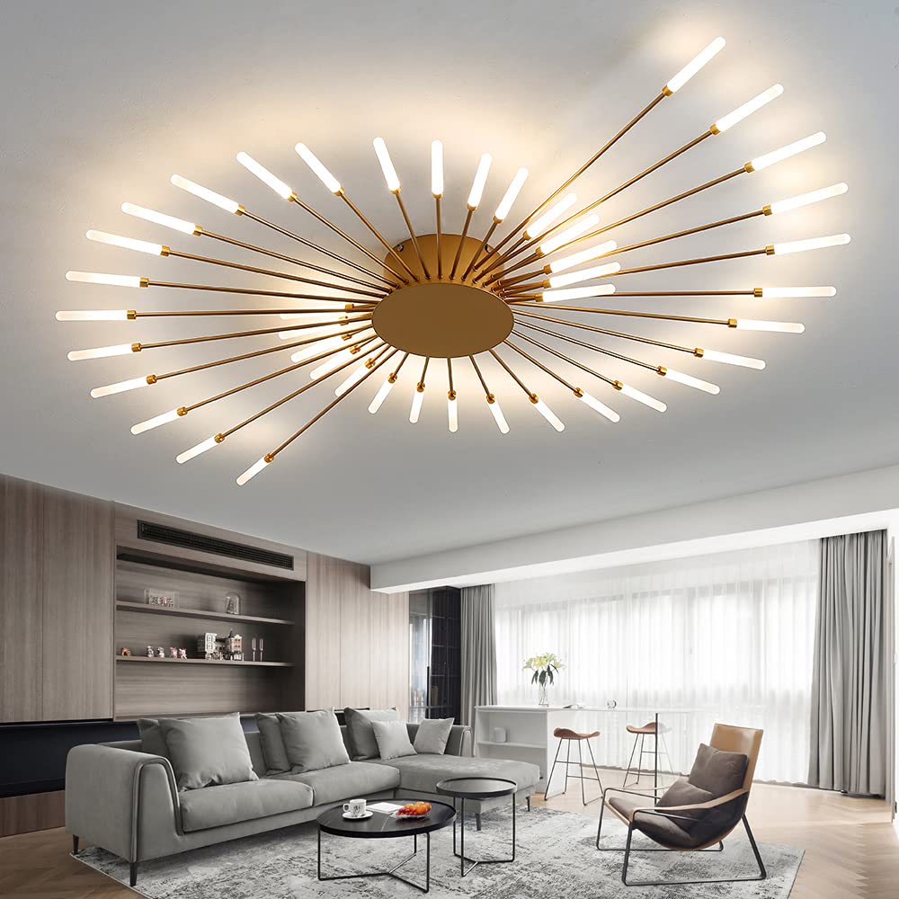 JAYMP Ceiling Light Modern Flower Shape Ceiling Lamp for Living Room Dining Room Flush Mount Metal Acrylic Sputnik Firework Petal LED Lighting Fixture (Matte Gold, 42 Lights)