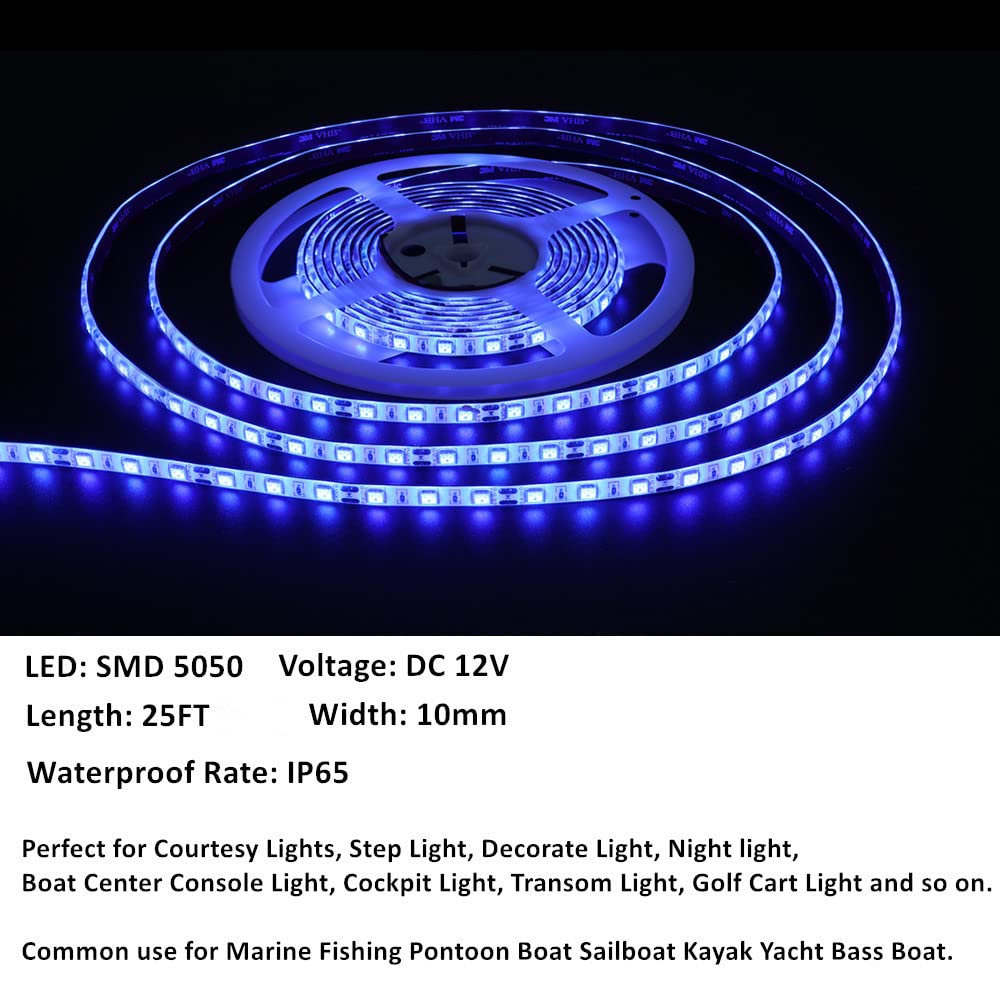 Vbakor 25FT LED Boat Lights - Waterproof Marine Strip Lights, Blue Under Gunnel Night Fishing Lights for Pontoon Boats