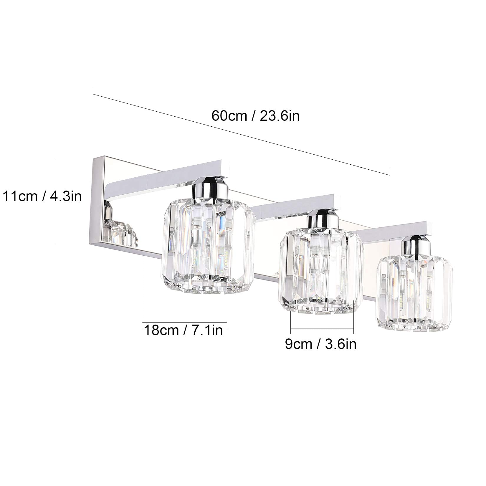 Aipsun Crystal Vanity Light Fixture - Modern 3-Light Wall Light For Bathroom, Chrome, 23 Inch, Model 8460