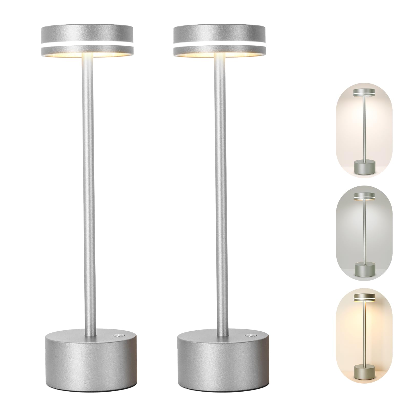 Gkeiten LED Cordless Table Lamp, Rechargeable 5000mAh, 3 Color Dimmable, Silver, Model 3