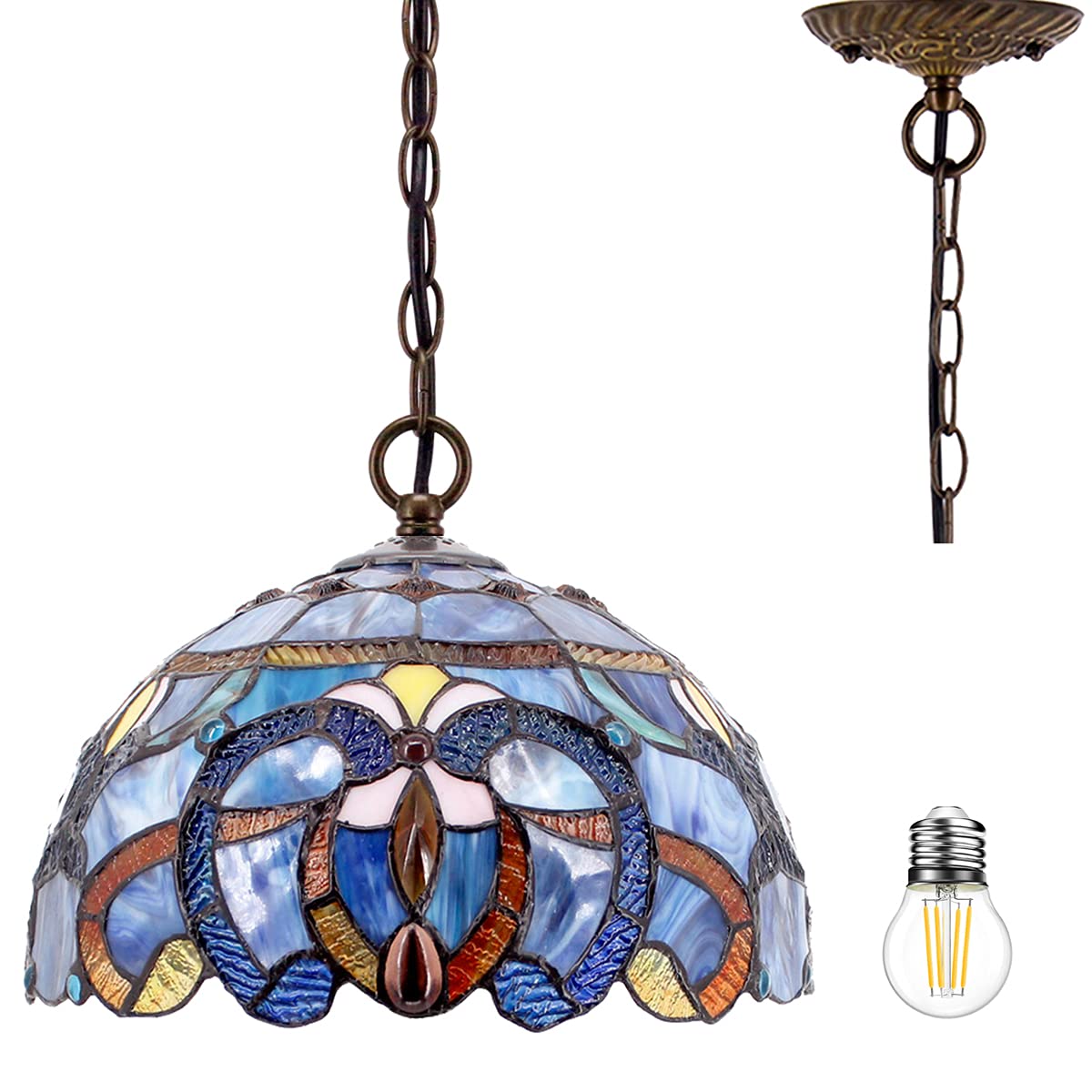 WERFACTORY Tiffany Pendant Light Fixture Stained Glass 12in Height 32in Wide Blue Purple Cloud S558 Series