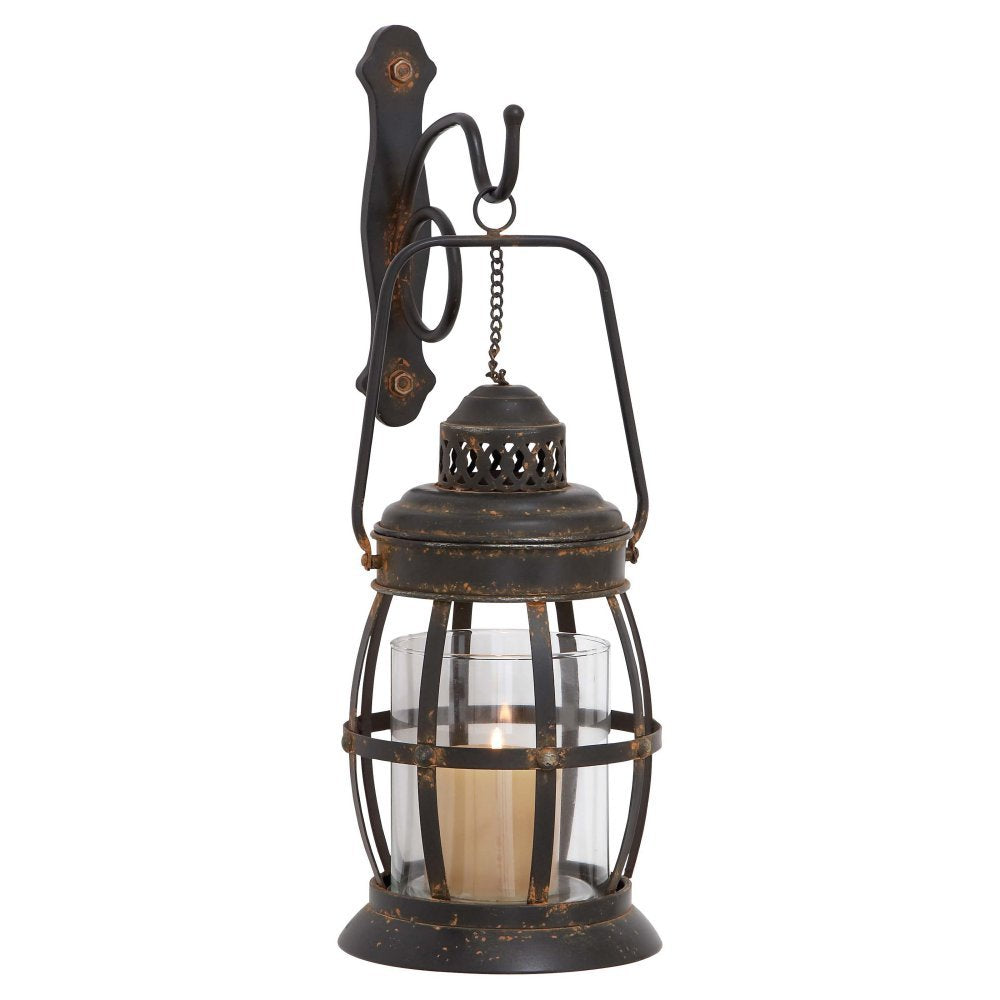 Deco 79 Metal Wall Sconce Suspended Pillar Lantern , 7'' x 10'' x 19'', Brown