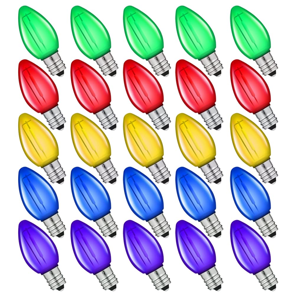Neteha 25 Pack C7 Multicolor Led Replacement Christmas Light Bulb, C7 E12 Base 120V Waterproof Led Bulbs For Christmas Outdoor S