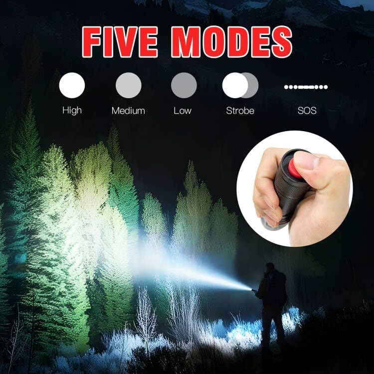HAUSBELL T8 LED Flashlight, 5 Modes, Zoomable, High Lumens, Aluminum, Black, 2 Pack