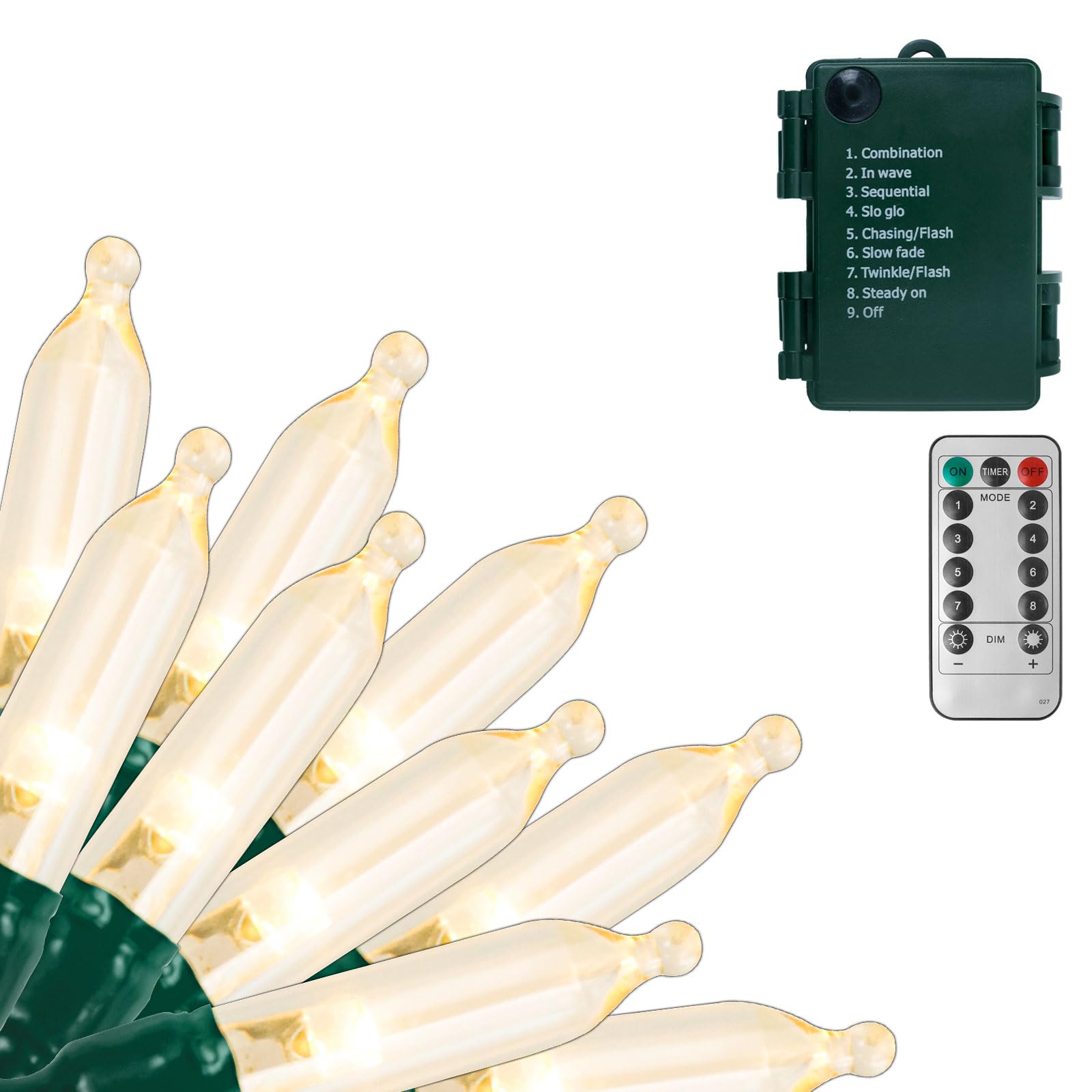 Filltown Battery Operated String Lights, 33Ft 100 LED Warm White, Green Wire, Remote Control, Waterproof, 8 Modes, Model DBL-170-100