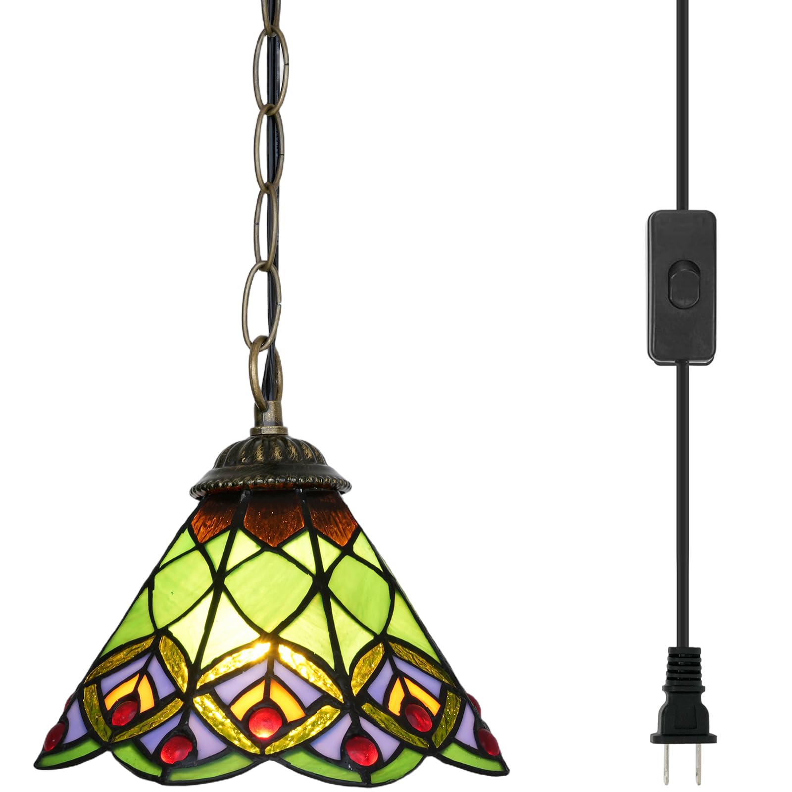 Blivuself Tiffany Pendant Light 8 Inch Green Peacock Tail Hanging Lamp Tiffany Stained Glass Pendant Light Fixture Height Adjust