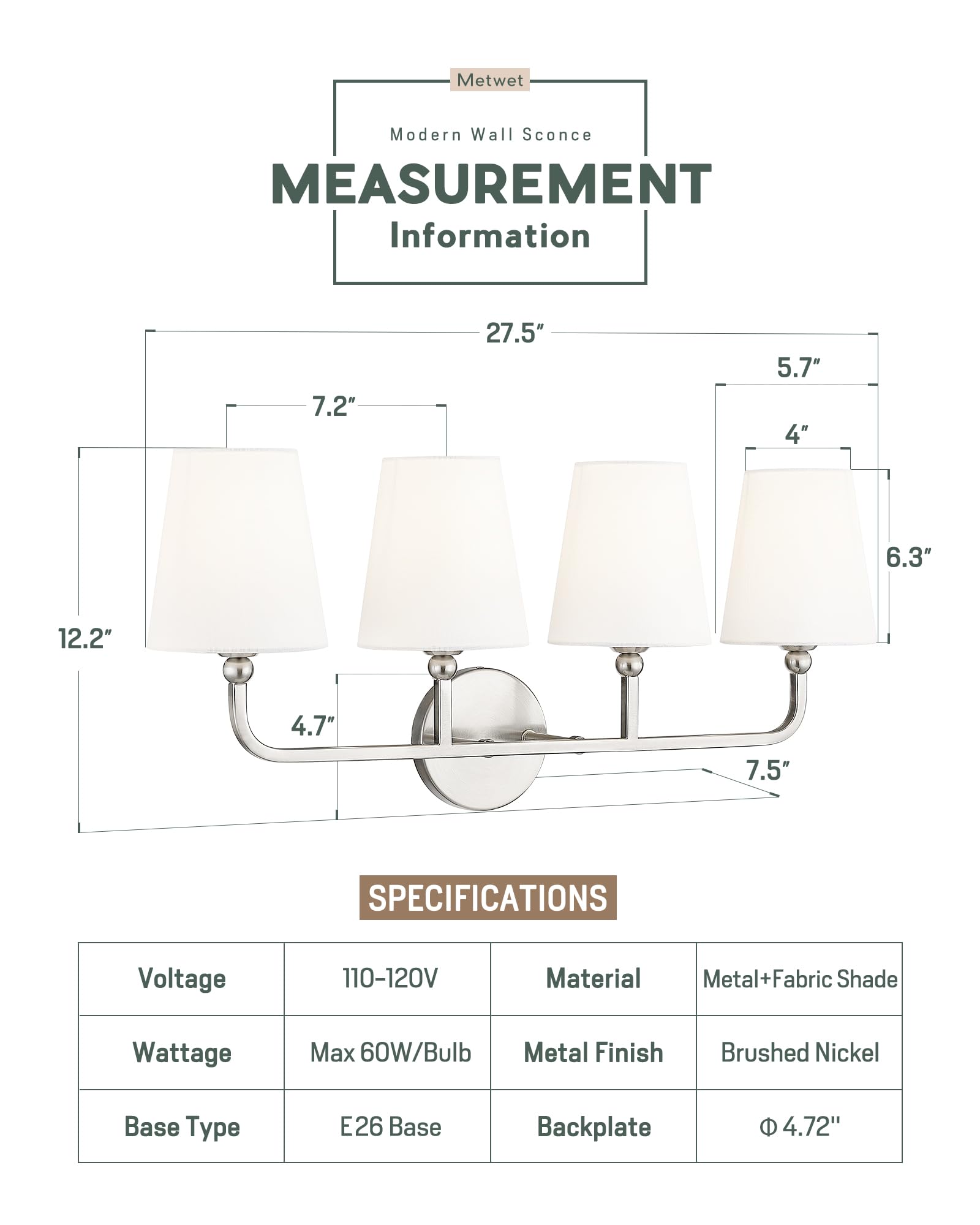 Metwet Bathroom Light Fixtures, 4 Light Vanity Lights With Flared White Fabric Shade, 28 Inch Brushed Nickel Wall Sconce, Modern