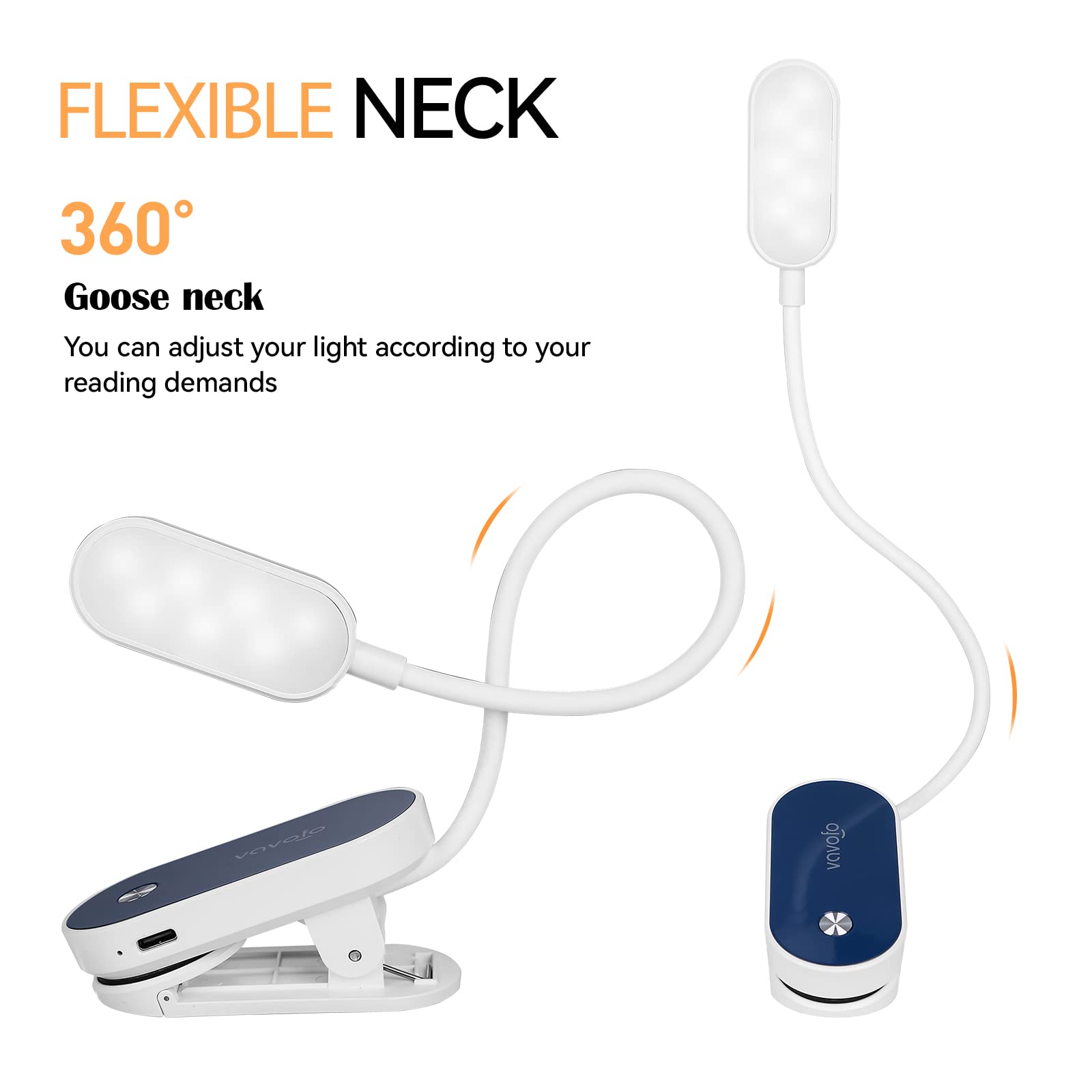 VAVOFO Rechargeable Book Light, 14 LEDs Amber Reading Light, 9 Colors & Brightness, Clip On, White-Blue, Model KM-6775