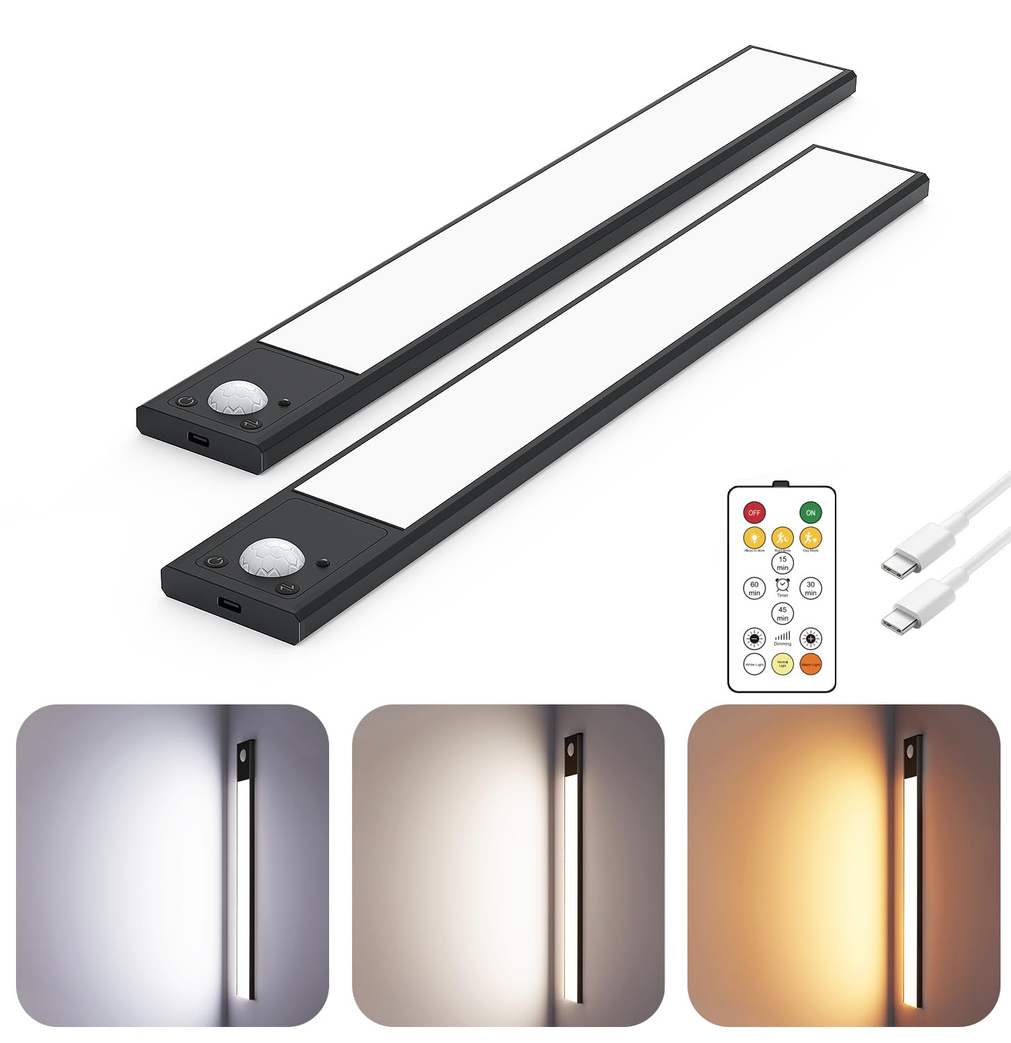 Skairipa 12in Thin Motion-Activated Under Cabinet Lighting, Aluminum, 2Pack, Black, Rechargeable, Magnetic, 3 Color Temps