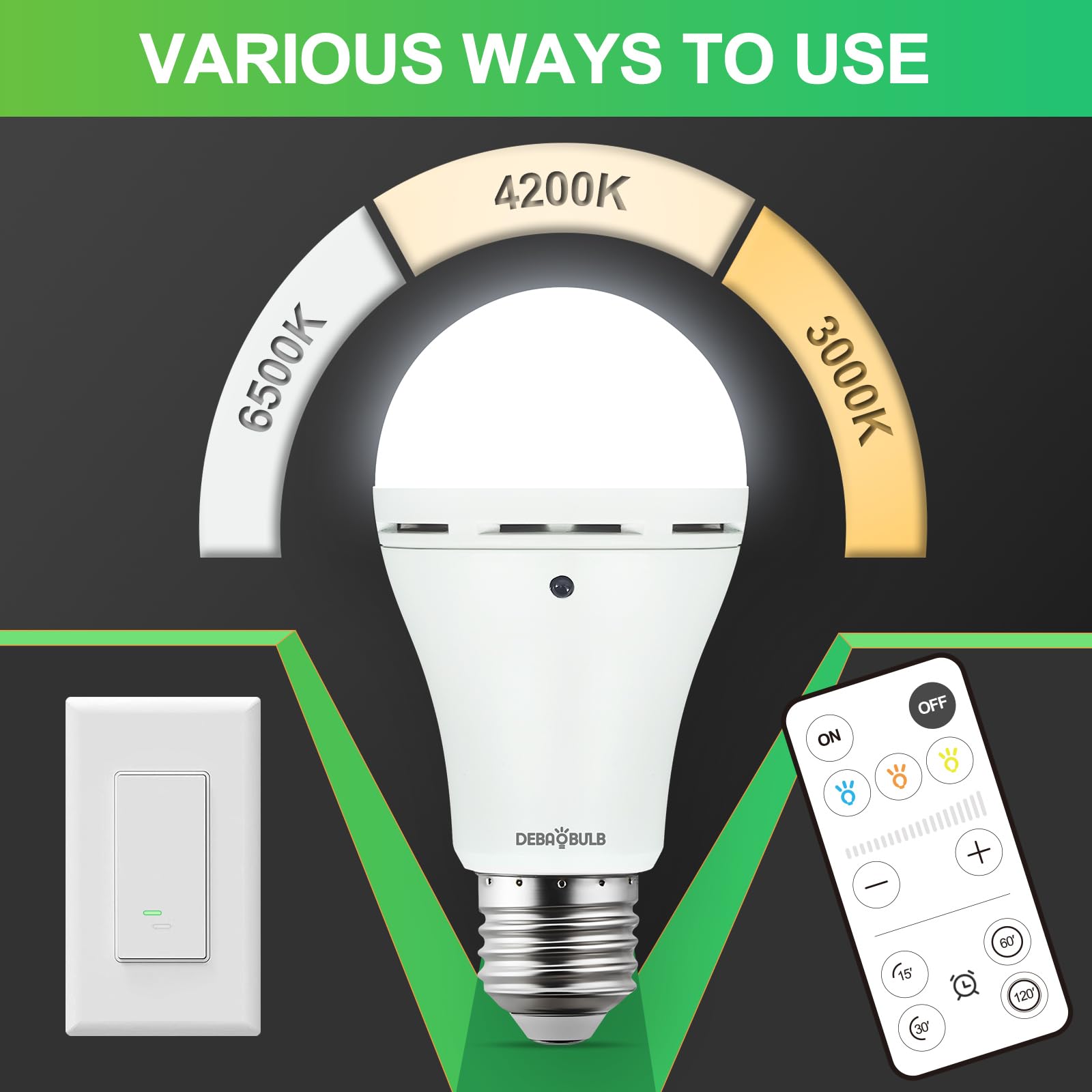 DEBAOBULB Omni Rechargeable Light Bulbs 2 Pack, 9W LED, Dimmable 3000K-6500K, Battery Powered for Emergency Use, Model DE-
