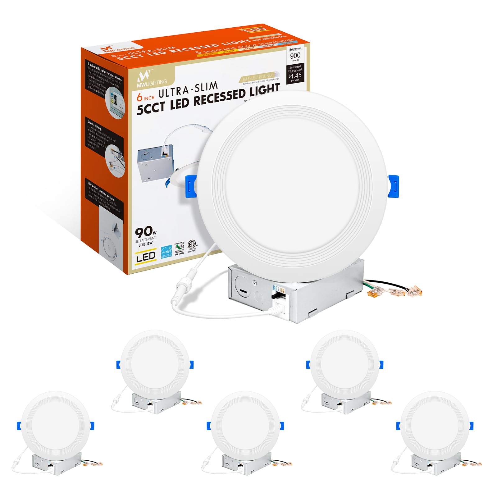Mw 6 Inch 5Cct Ultra-Thin Led Recessed Ceiling Light With Junction Box, Dimmable Canless Light With Baffle Trim, 900Lm High Brig