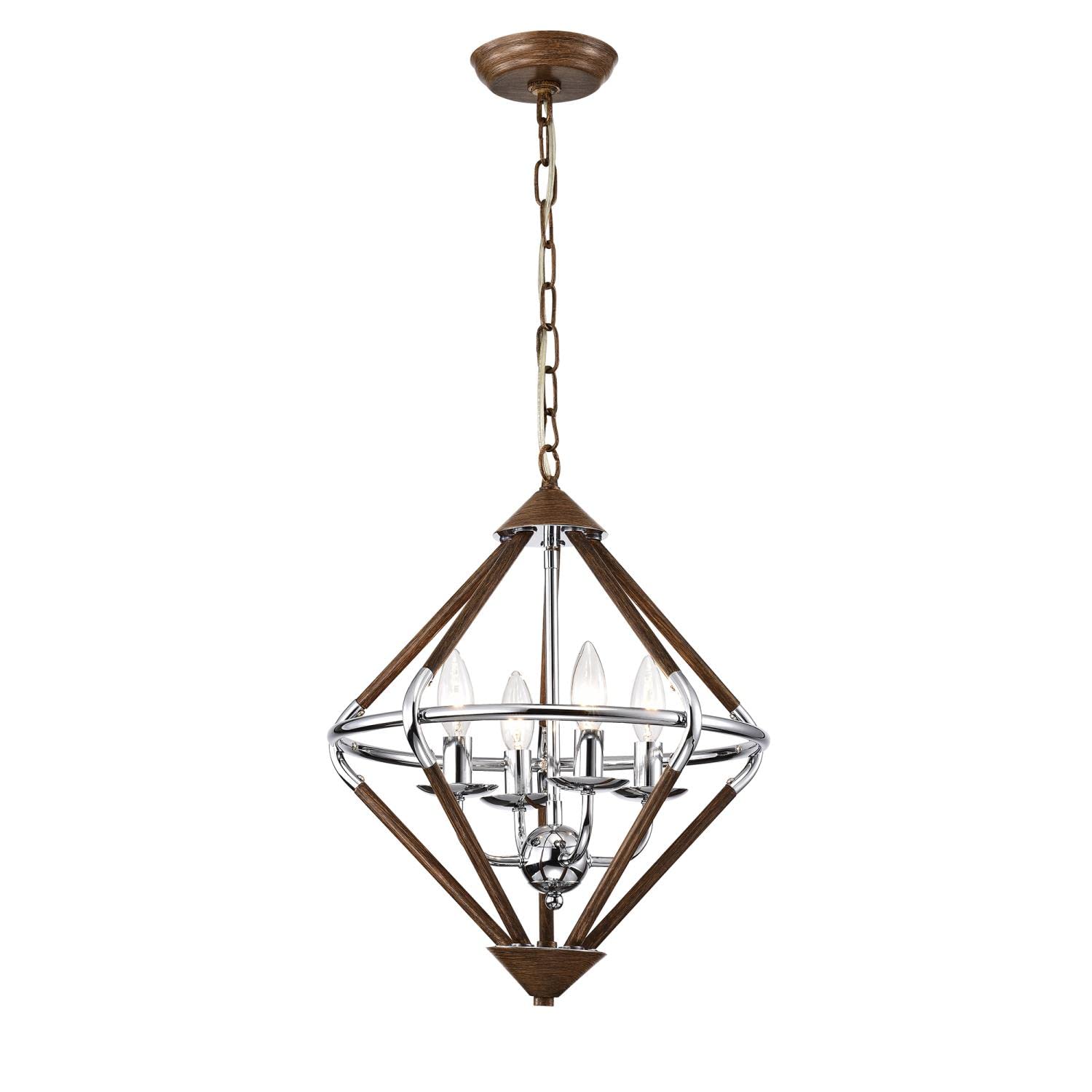 Warehouse of Tiffany IMP76A/4IWG Ilija Imitation Wood Grain/Chrome 4-Light Chandelier, 15.75&quot; L x 15.75&quot; W x 57.48&quot; H