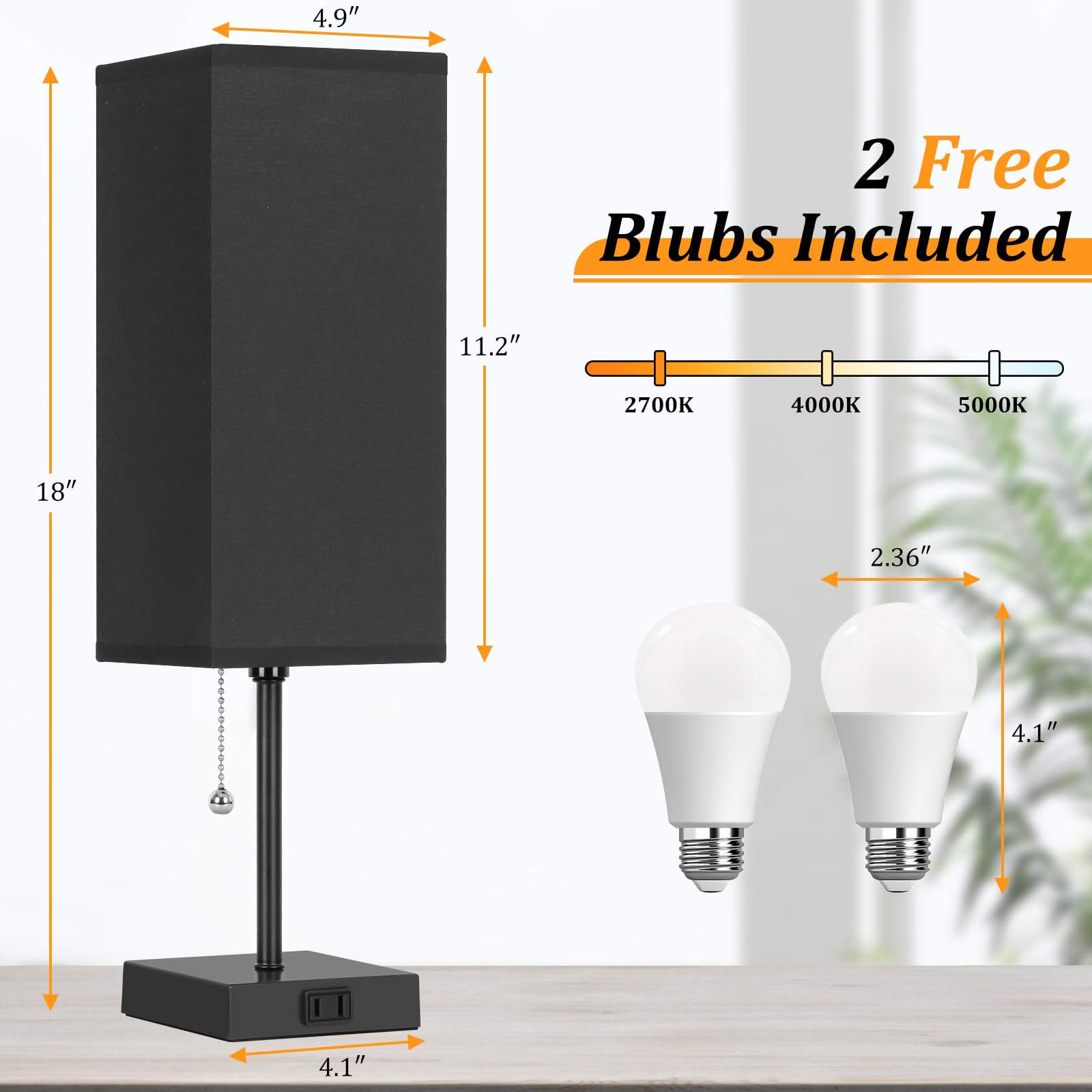 Dott Arts Table Lamp Set of 2, 3-Color, 18in Black Plastic Nightstand Lamps with Pull Chain and AC Outlets, Model PTL6W-028
