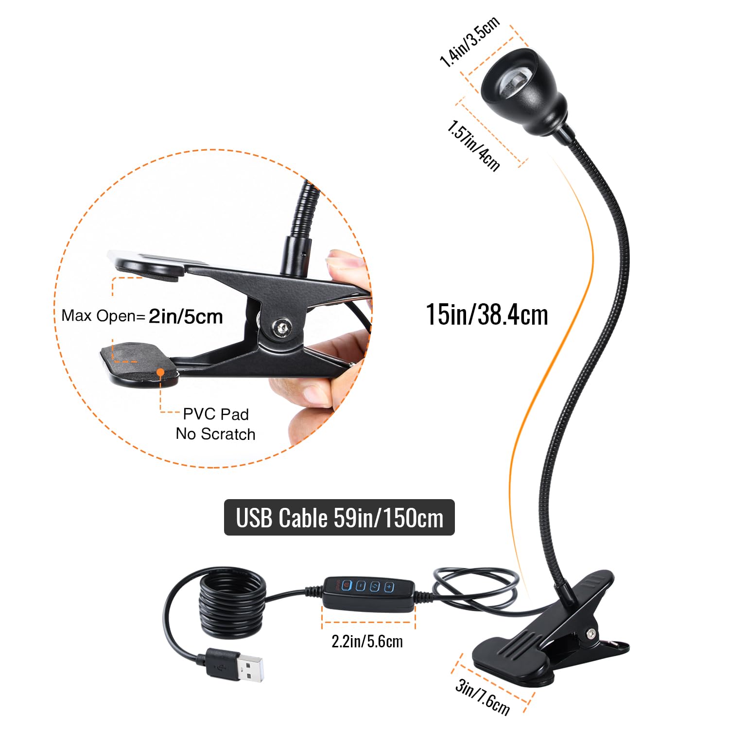 Cesunlight Versatile Desk Lamp, Usb Led Clip Reading Light, Dimmable Zoomable Metal Spotlight With 3 Color Temperature Options, 10 Dimmable Brightness Levels For Working, Studying (2W)