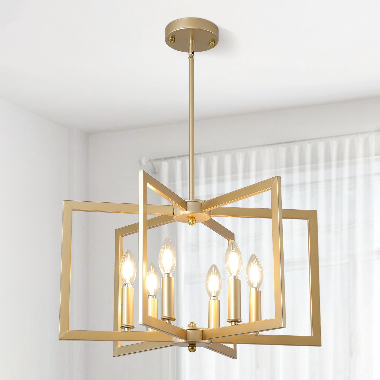 Axamate 21in Gold Chandelier for Dining Room  6-Light Modern Farmhouse Chandelier Semi Flush Mount Pendant Lighting Hanging Ceiling Lights Fixture for Foyer Entryway Hallway Kitchen Island (Gold)