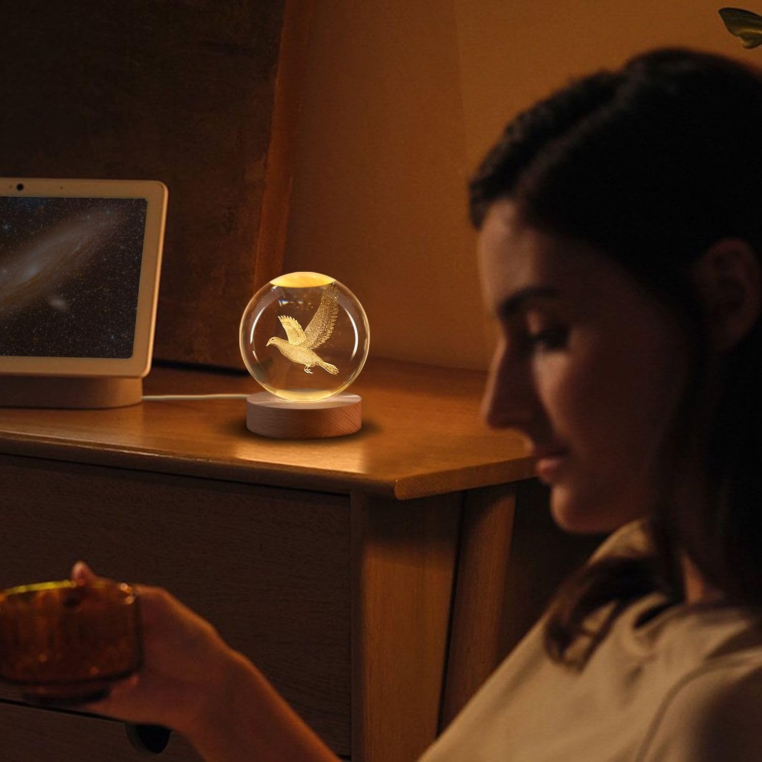Flexzion 3D Bird Crystal Ball Night Light - 3.15" LED Glass Lamp, Gold Wood Base, Adjustable Brightness, USB Powered