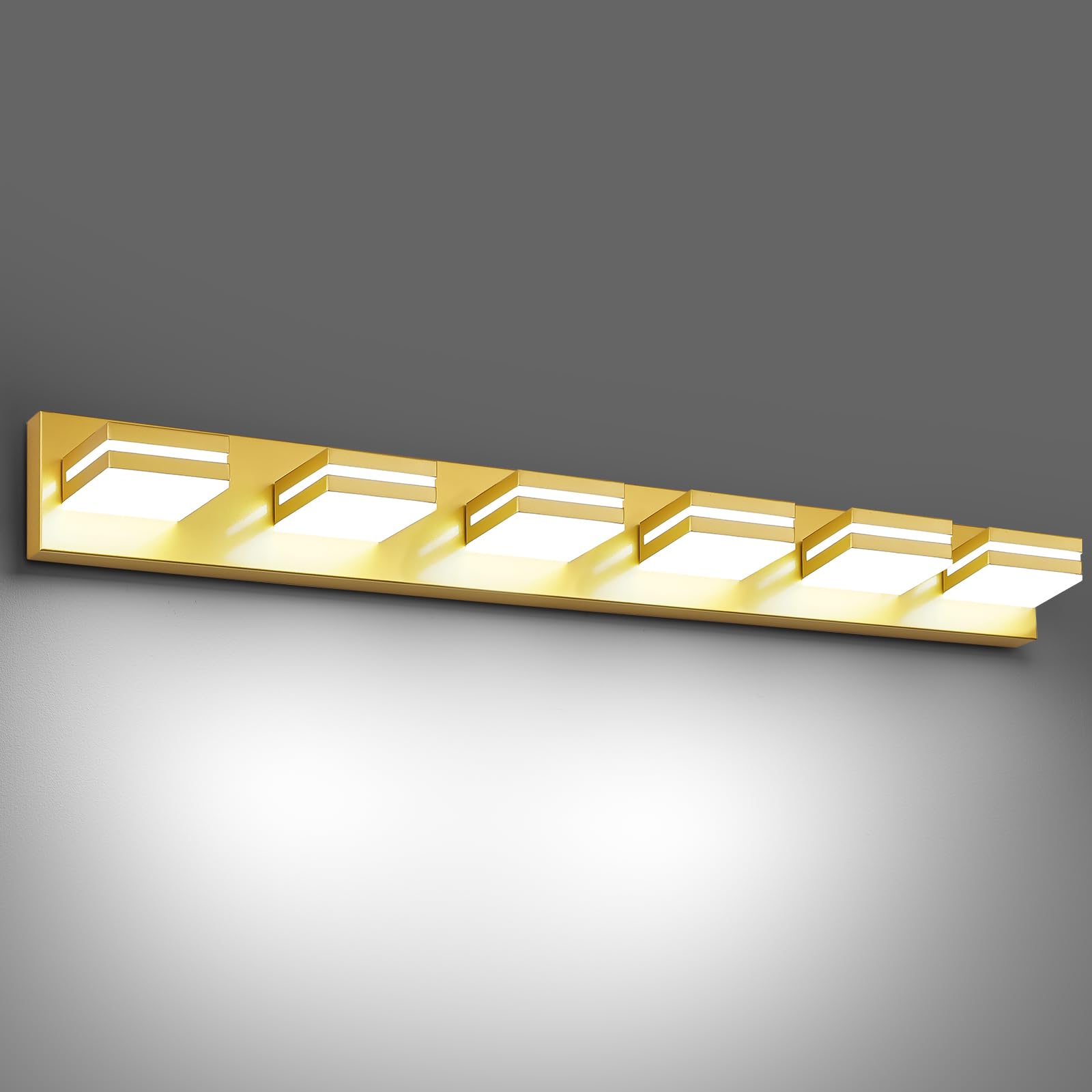 Jzekvn Modern Led Bathroom Lights Fixtures(6-Light) Metal Gold Acrylic Wall Lighting Vanity Lights For Bathroom Over Mirror(6000K 41In