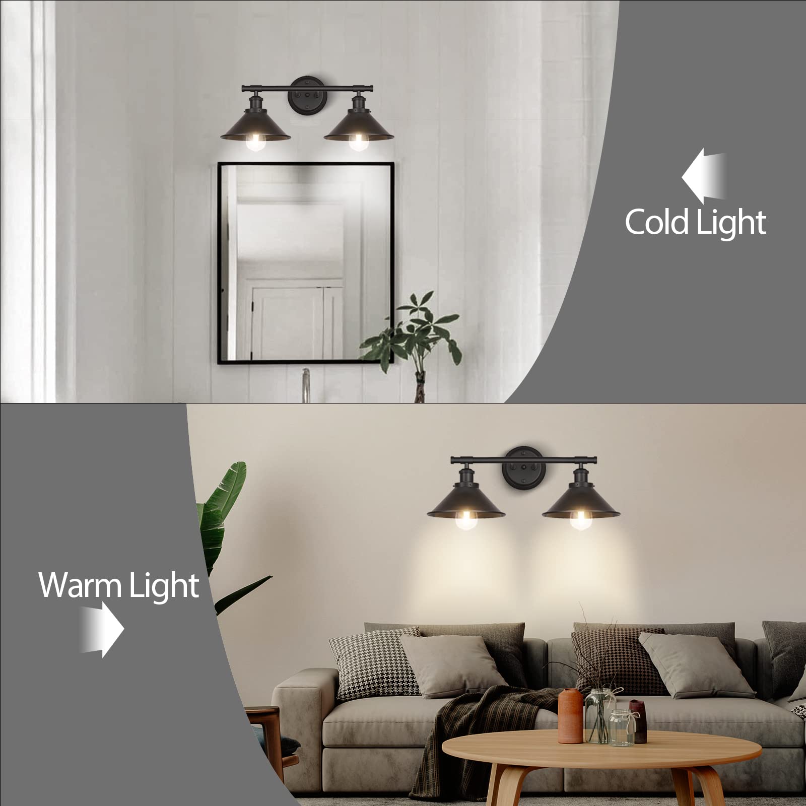 Licperron Black 2-Light Vanity Wall Sconce Lighting, Farmhouse Bathroom Wall Light Fixtures Over Mirror, Industrial Rustic Indoo