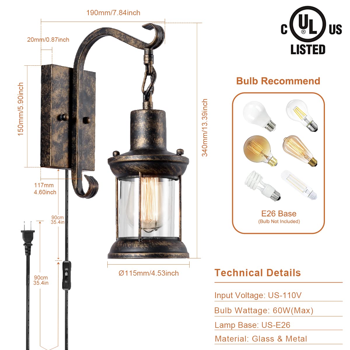 Gladfresit Vintage Wall Sconces Oil Rubbed Plug In, Industrial Wall Lights Rustic 2 In 1 Design, Glass Shade Lighting Fixture Wi