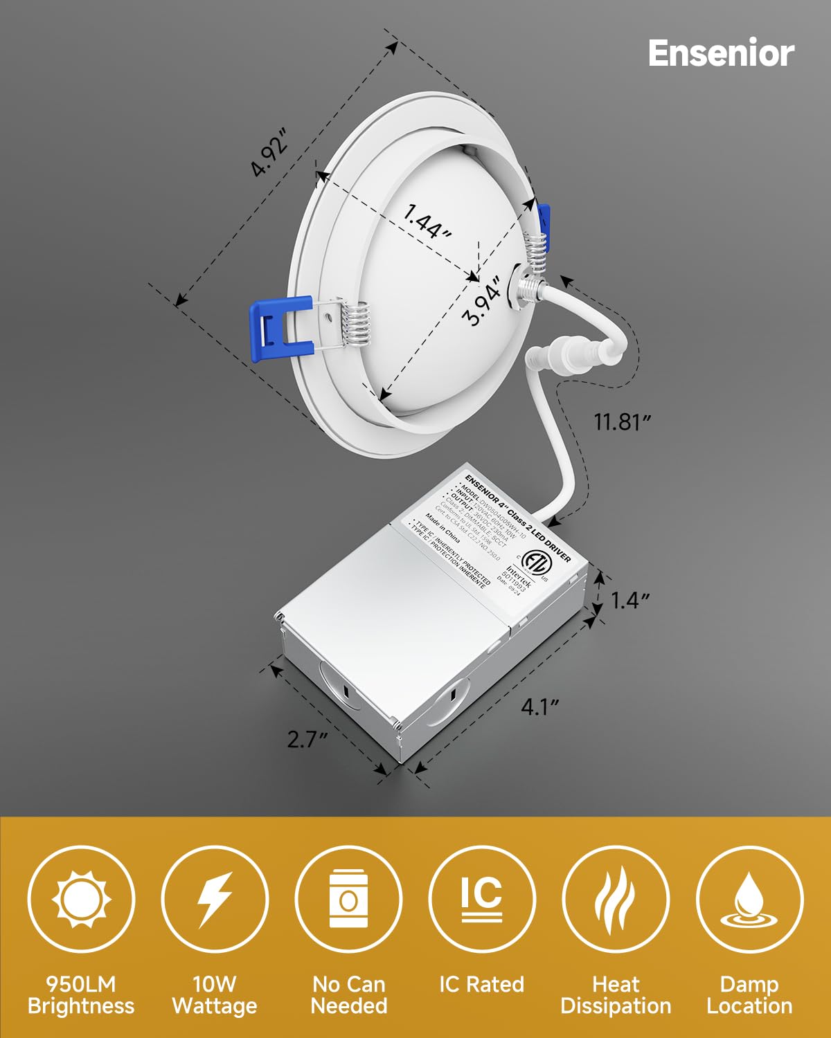 Ensenior 4 Inch LED Gimbal Recessed Light, 5CCT Dimmable, 950LM, Adjustable Eyeball, White