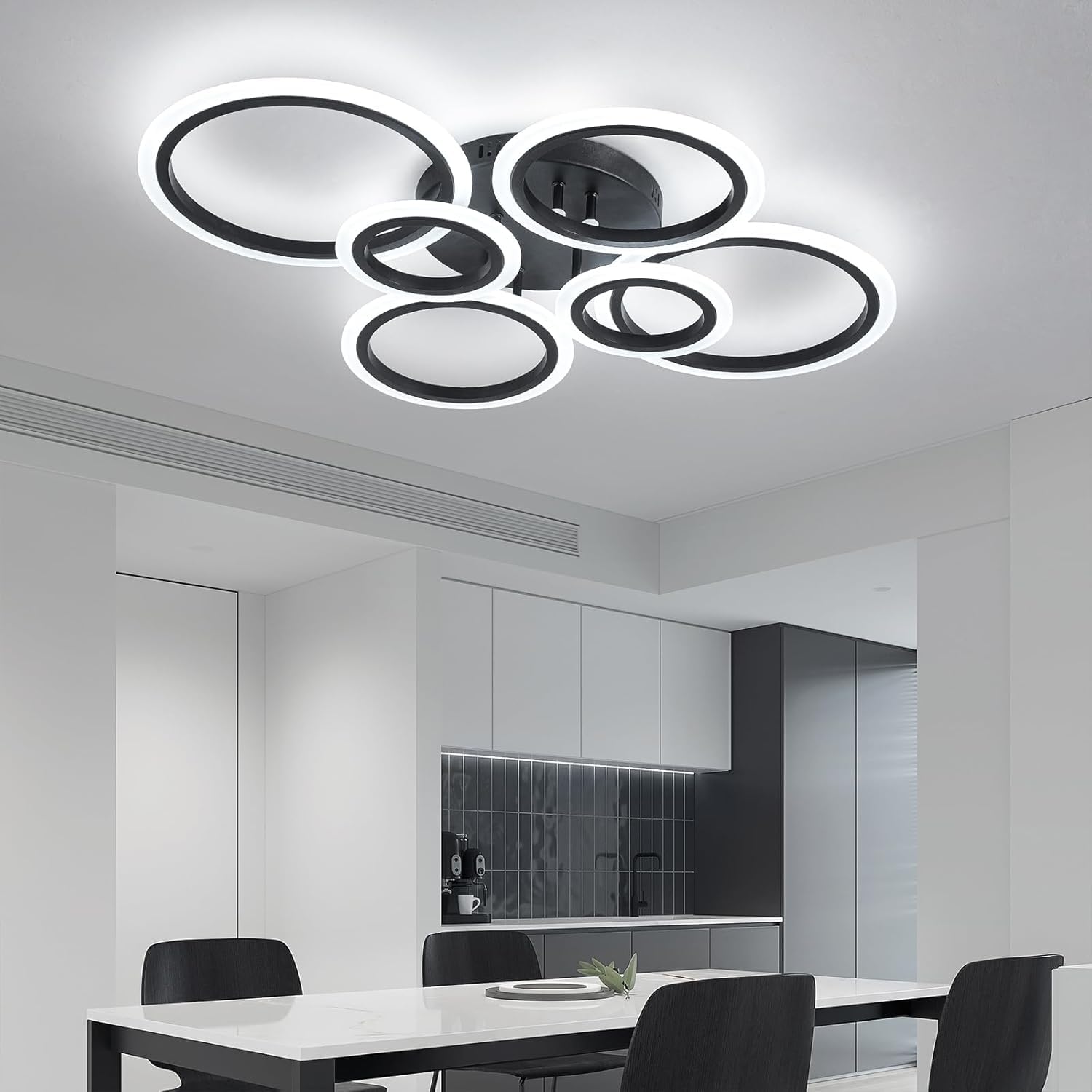 Shine Luest 6 Rings Black Modern Led Ceiling Light Fixture, Flush Mount Ceiling Light With Remote Dimmable Brightness, Adjustabl