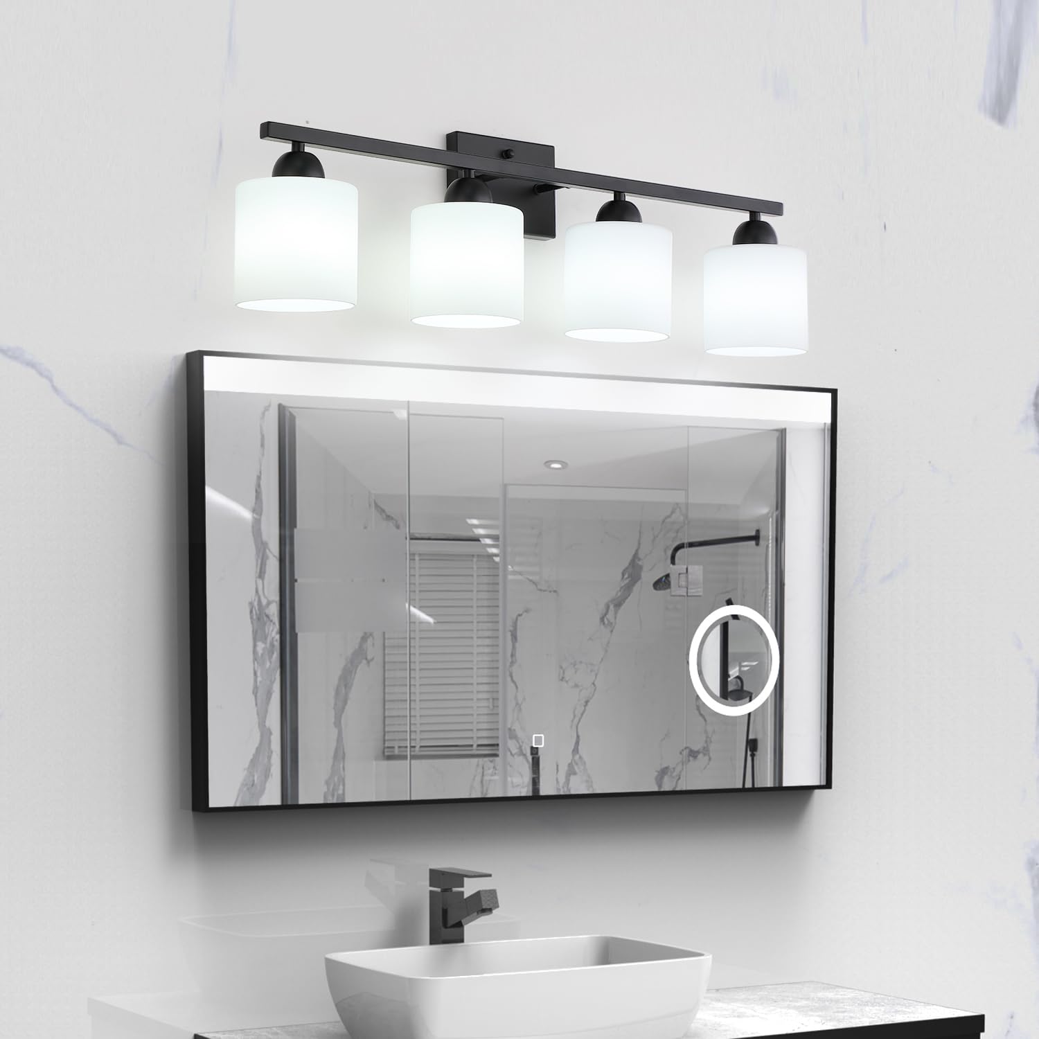 Mecgirn 4 Light Bathroom Vanity Light, Matte Black Metal Fixture with Frosted Glass, Model B0003-4-Black
