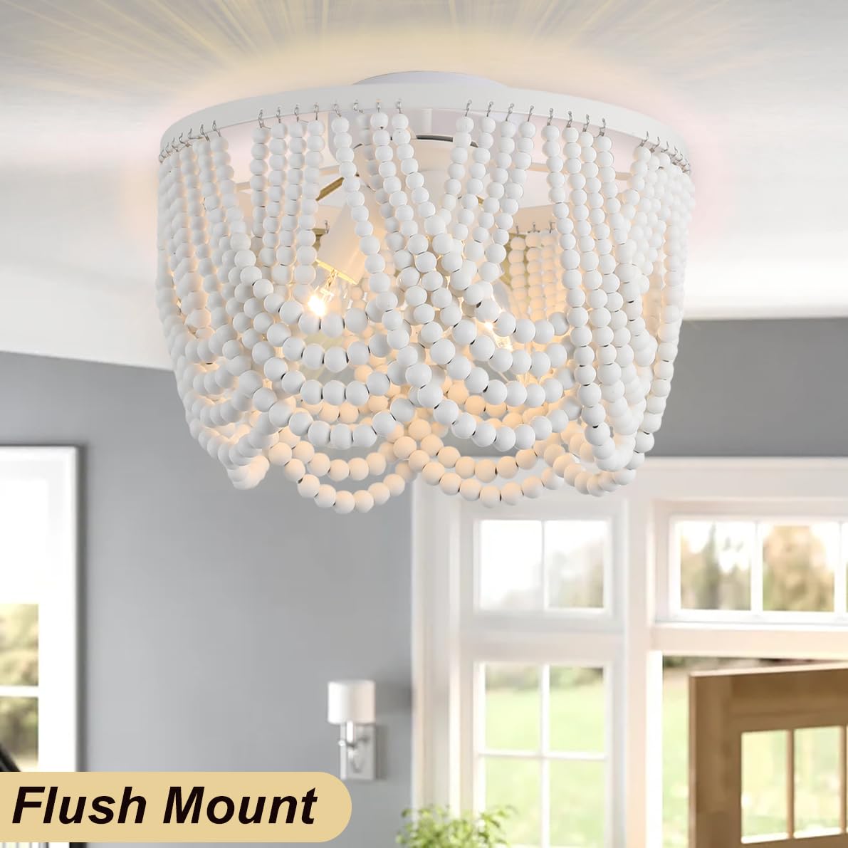 Imeshbean Wood Beaded Chandelier, 12.6In Bohemian Light Fixture For Dining Room, Bedroom, Living Room