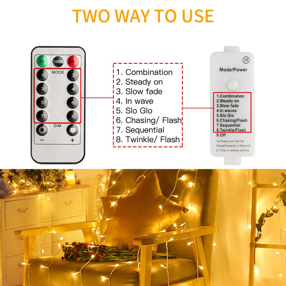 koopower 200 LED Indoor String Lights with Remote and Timer, 65ft Linkable (Max 162.5 FT) Fairy Lights, Plug-in String, 8 Modes,