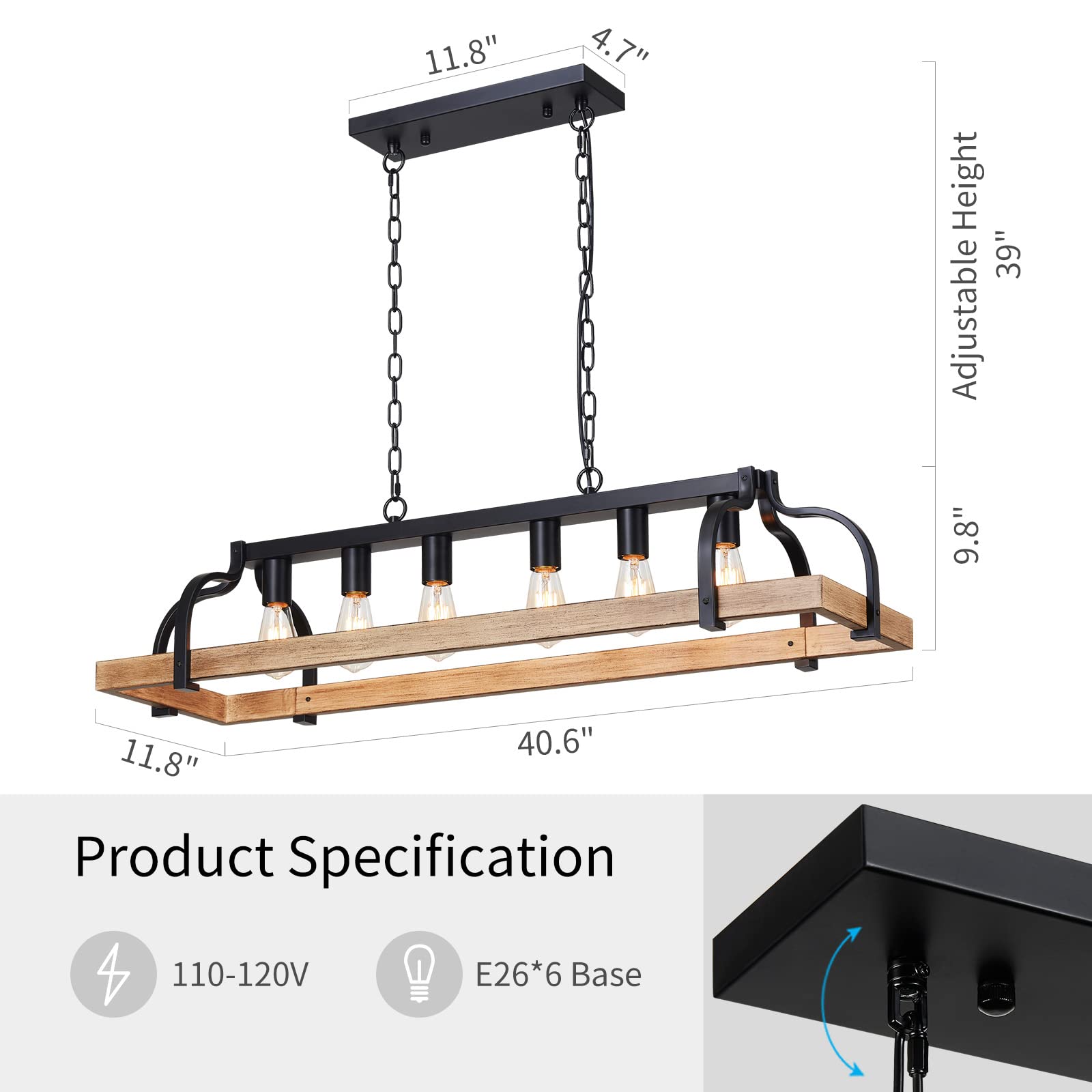 Wuzups 6-Light Metal Pot Hanging Rack Chandelier Imitation Light Wood Grain Linear Pendant Ceiling Lighting Rustic Farmhouse Fix