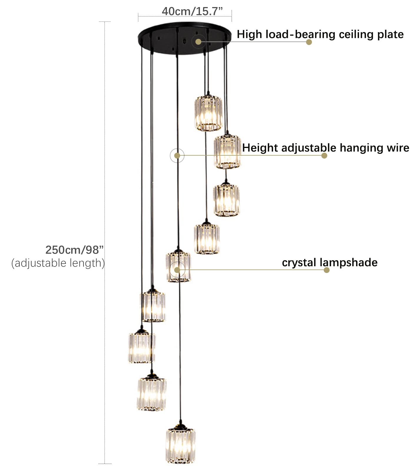 Meimond Modern Crystal Pendant Light - 9 Lights Black Metal Chandelier for High Ceilings, Foyer, Living Room, Model LTD-10