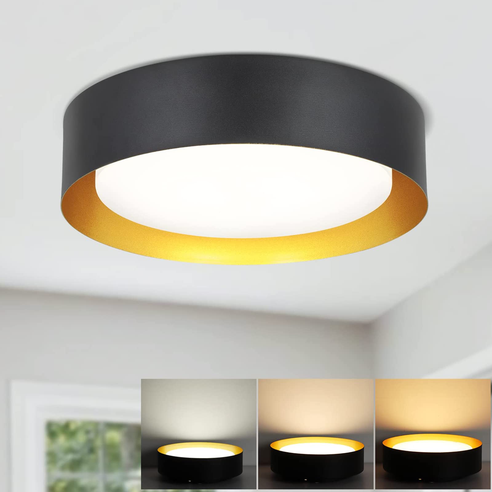 Depuley 18W Flush Mount LED Ceiling Light, 13 inch Dimmable 3 Color in One Round Light Fixture(3000K-5000K), Black with Gold Ins