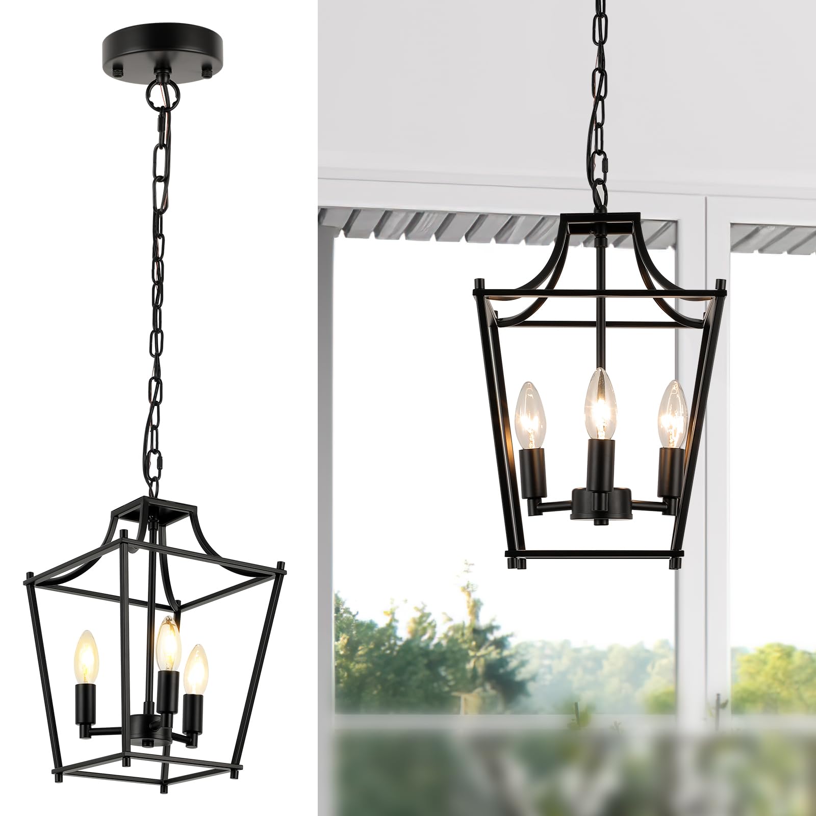 foucasal Lantern Pendant Light Black Pendant Light Fixtures 3-Light Black Lantern Pendant Lights, 9.4'' Adjustable Farmhouse Pen