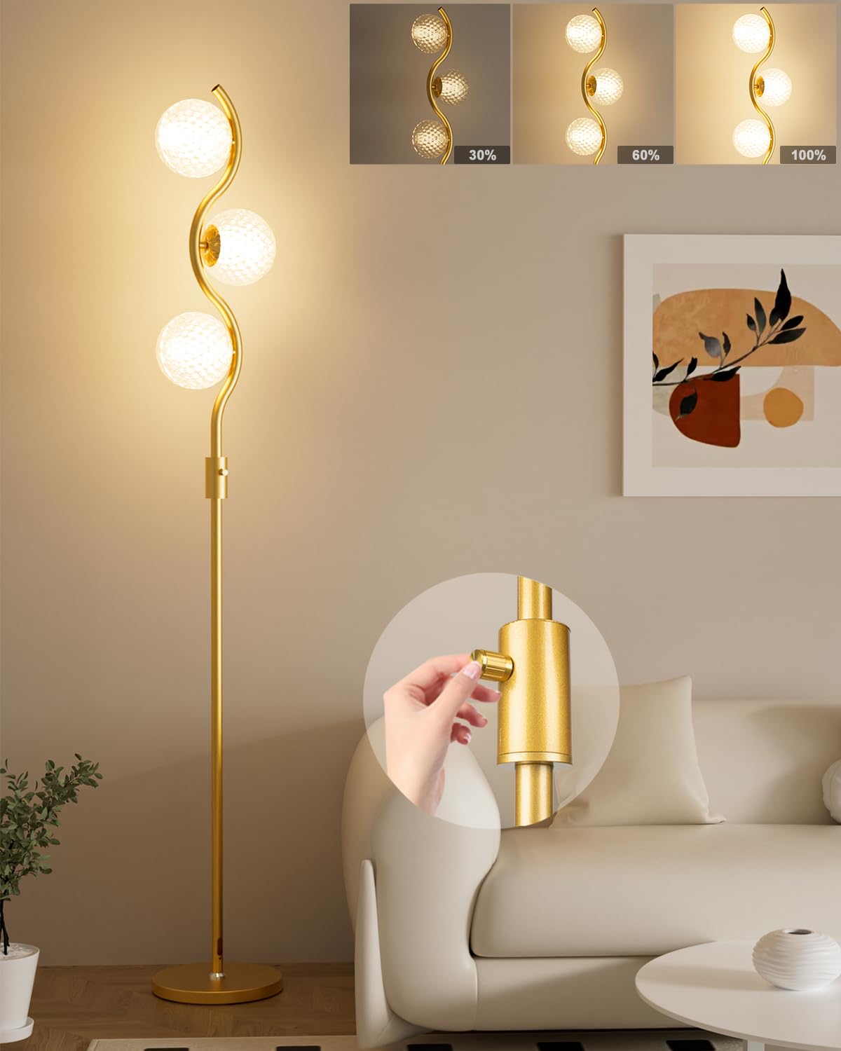 ACOHOOK 60IN Dimmable Gold Standing Lamps, Ice Crystal Modern Floor Lamp with 3000K G9 Bulbs Included, Mid Century Vintage Globe