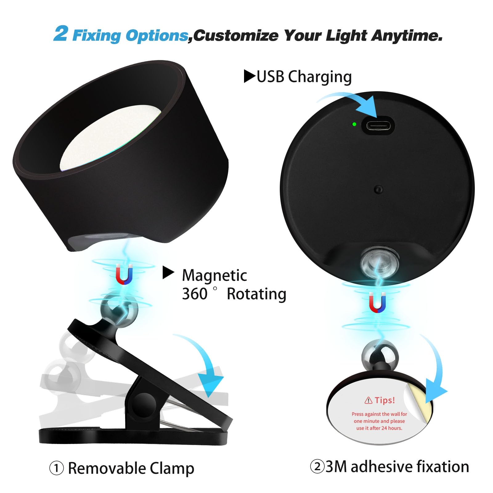 Adetu 2 Pcs Led Wall Mounted Lights, Rgb Wall Sconces Lamp With Rechargeable Battery Operated Usb Port, 3 Color Temperatures & D